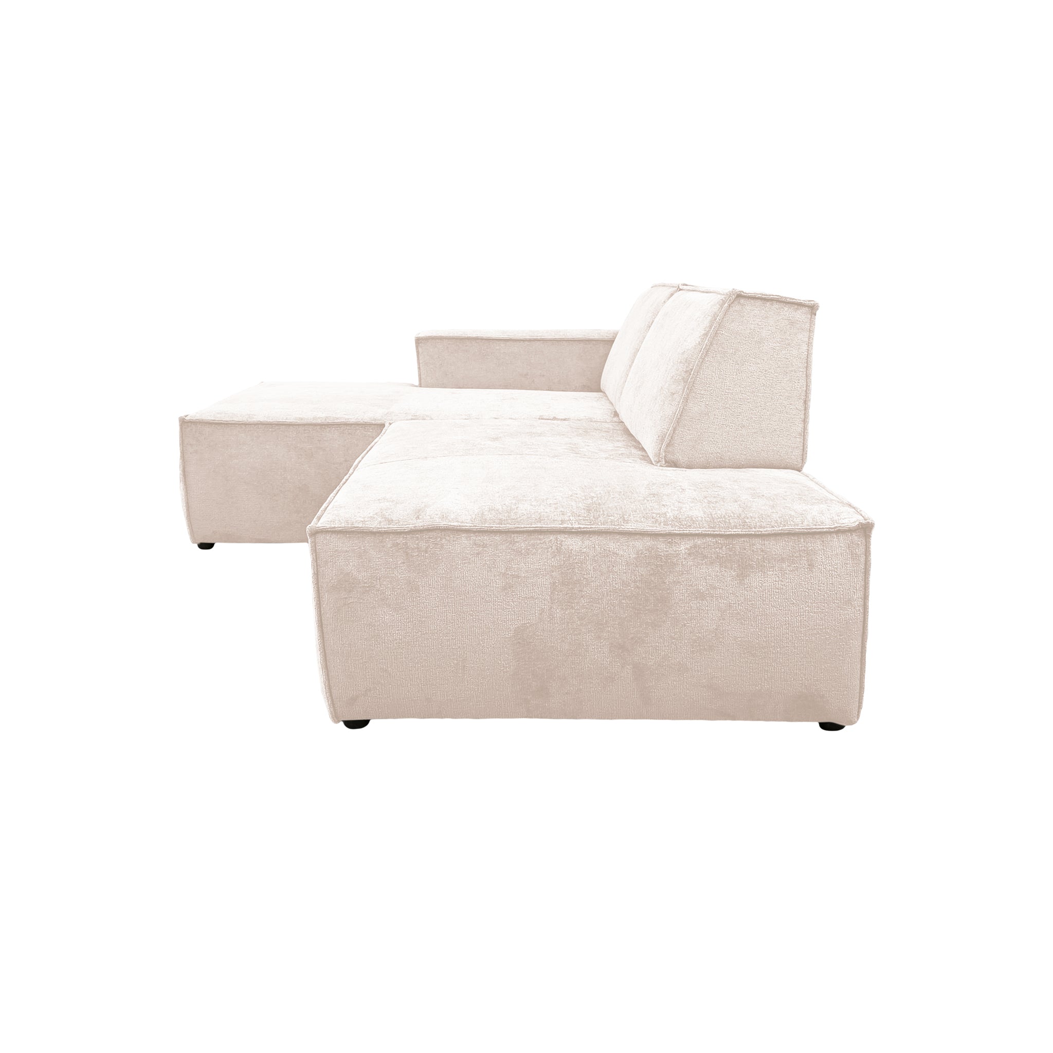 Canapé d’angle gauche Prévôt en tissu chenille beige Paname Avenue, vue de profil sur fond blanc