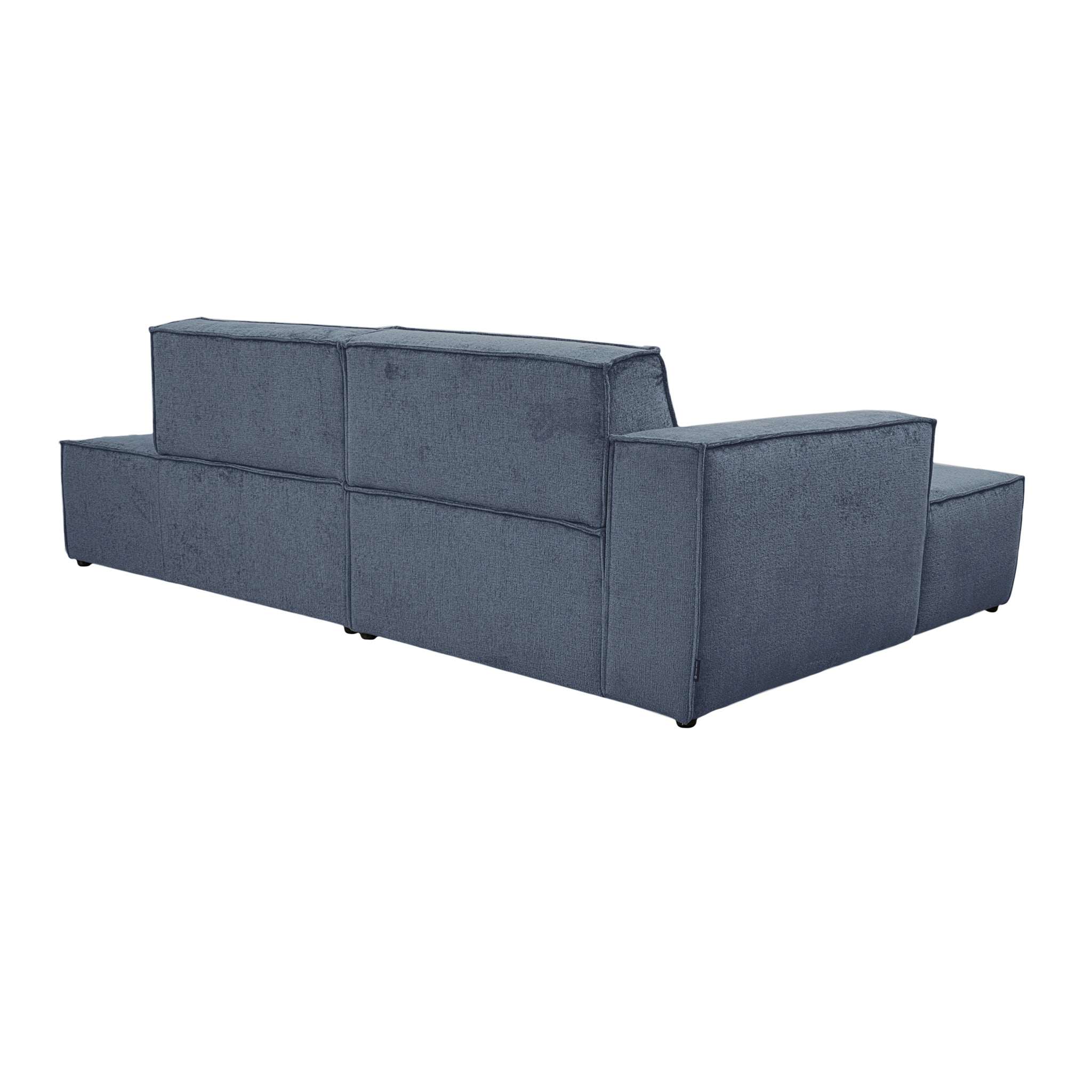 Canapé d’angle gauche Prévôt en tissu chenille bleu Paname Avenue, vue trois-quarts de dos sur fond blanc