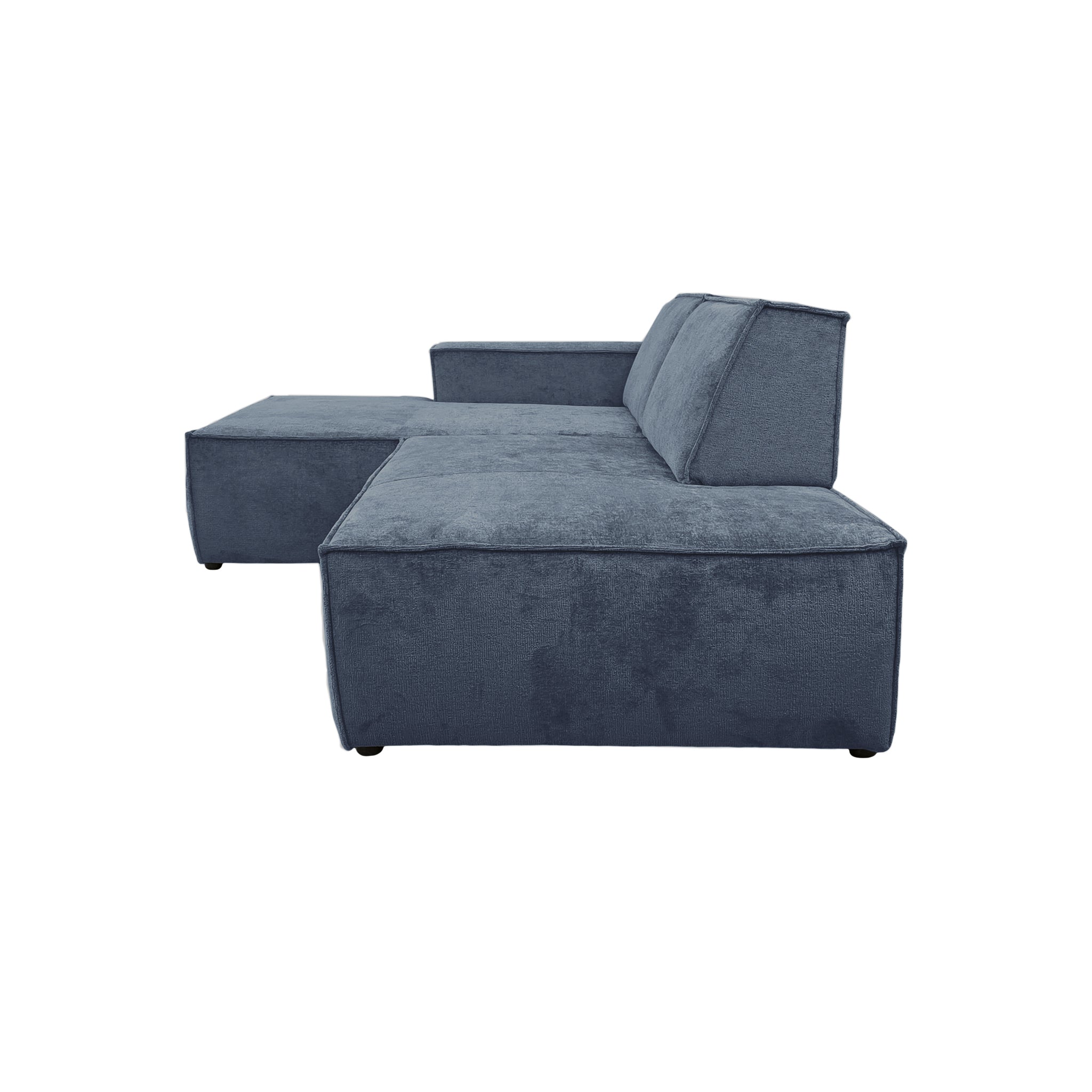 Canapé d’angle gauche Prévôt en tissu chenille bleu Paname Avenue, vue de profil sur fond blanc