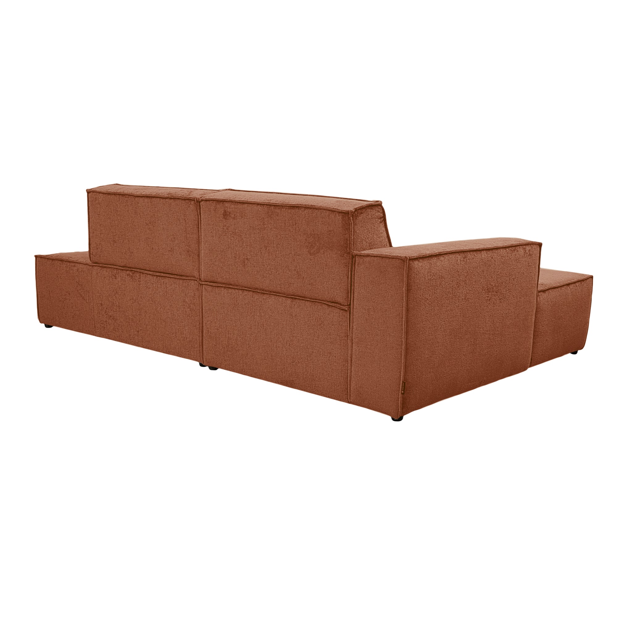 Canapé d’angle gauche Prévôt en tissu chenille terracotta Paname Avenue, vue trois-quarts de dos sur fond blanc