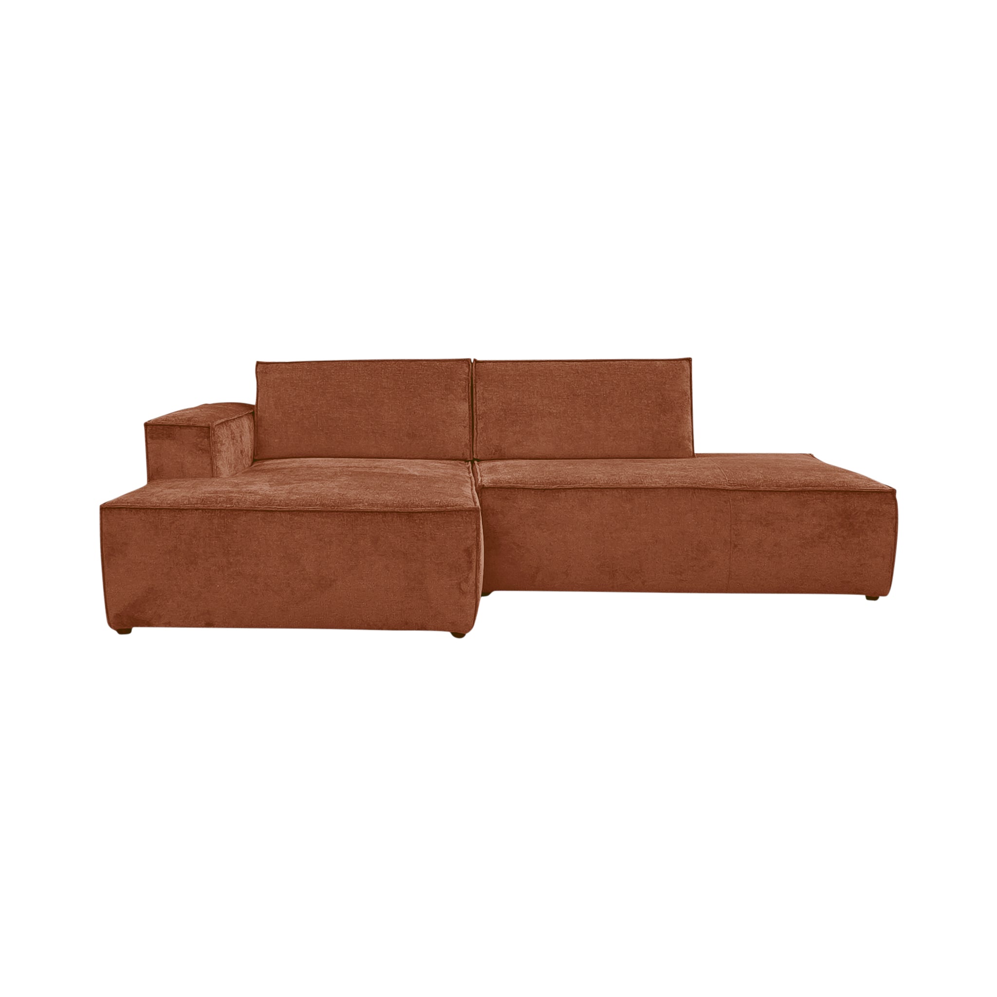 Canapé d’angle gauche Prévôt en tissu chenille terracotta Paname Avenue, vue de face sur fond blanc