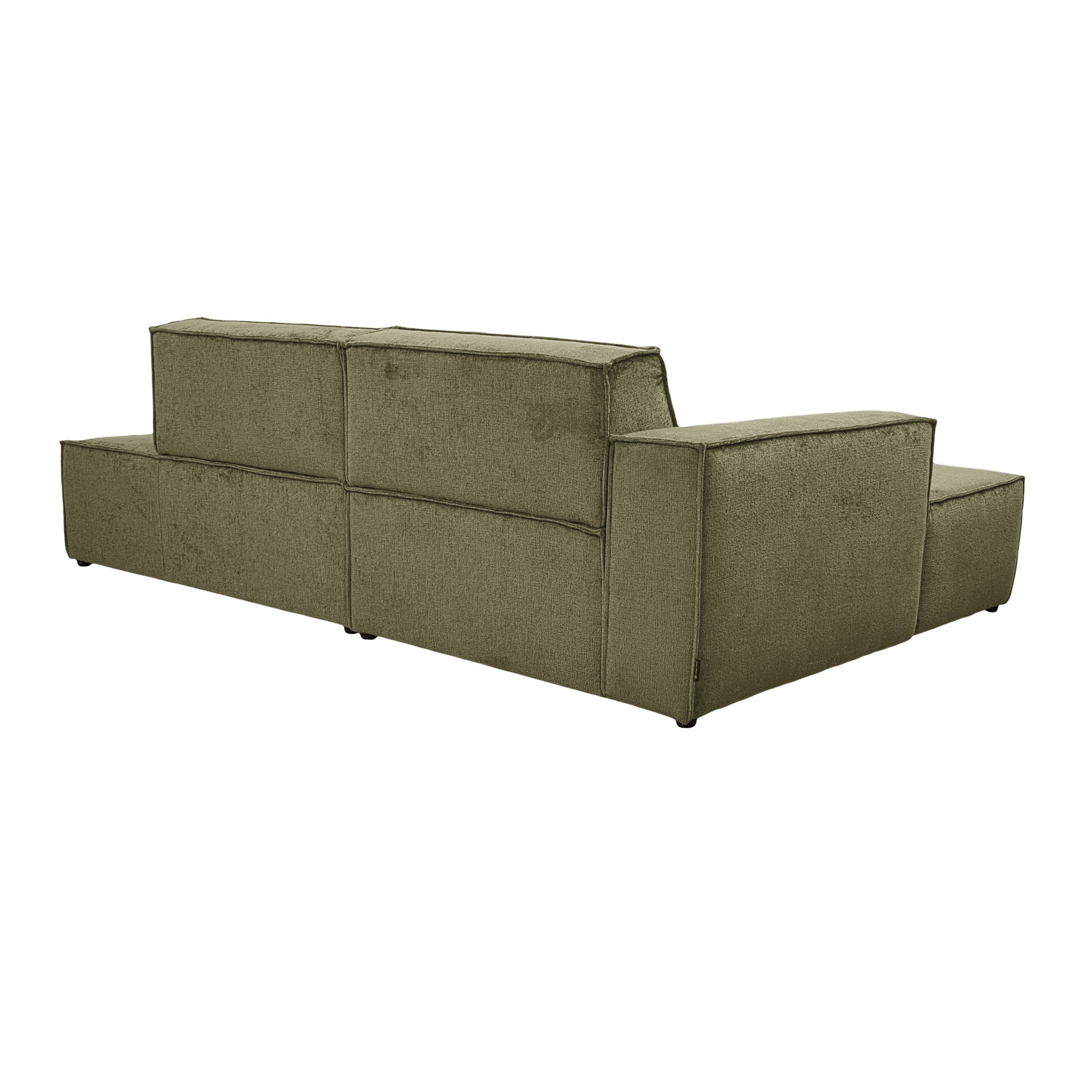 Canapé d’angle gauche Prévôt en tissu chenille vert olive Paname Avenue, vue trois-quarts de dos sur fond blanc