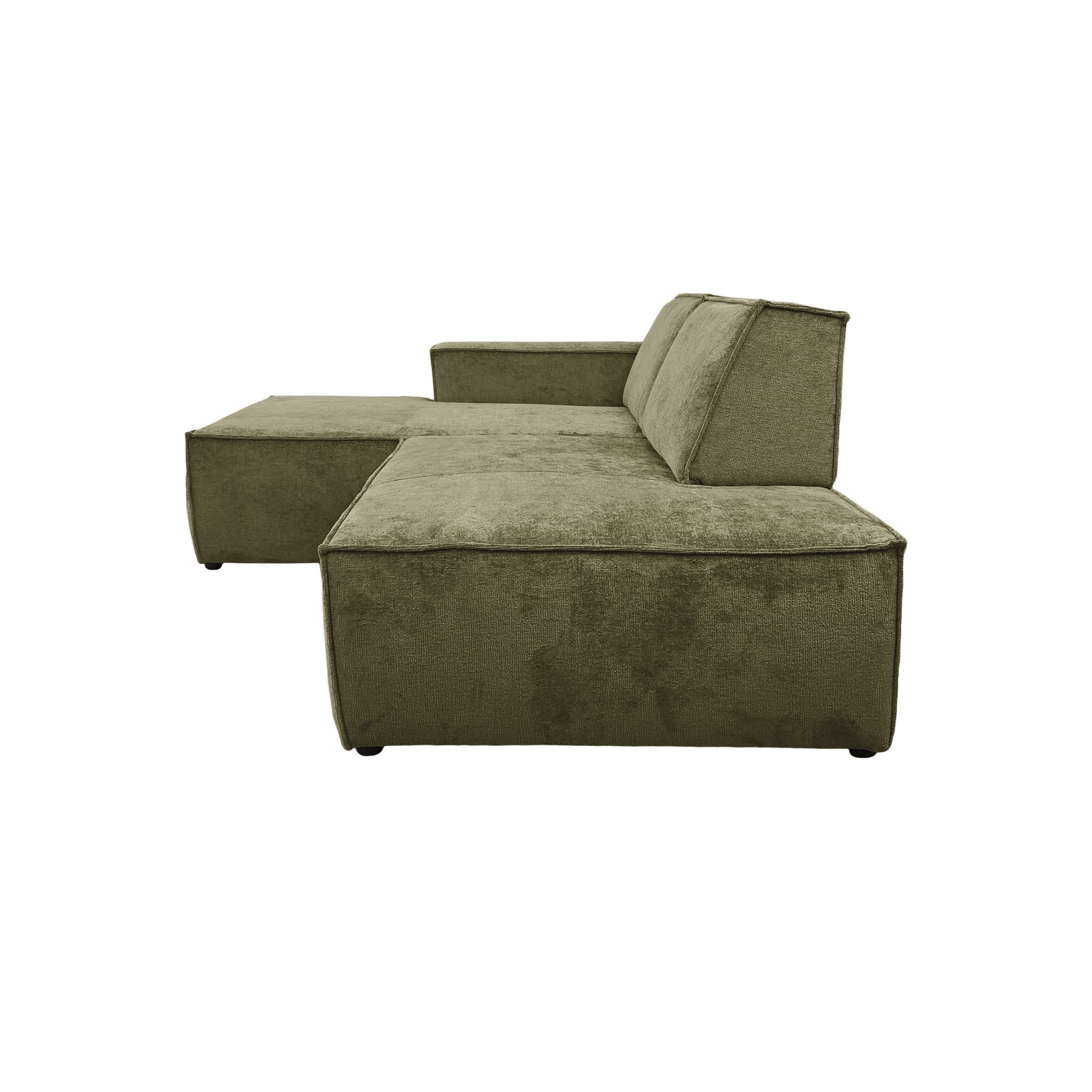 Canapé d’angle gauche Prévôt en tissu chenille vert olive Paname Avenue, vue de profil sur fond blanc