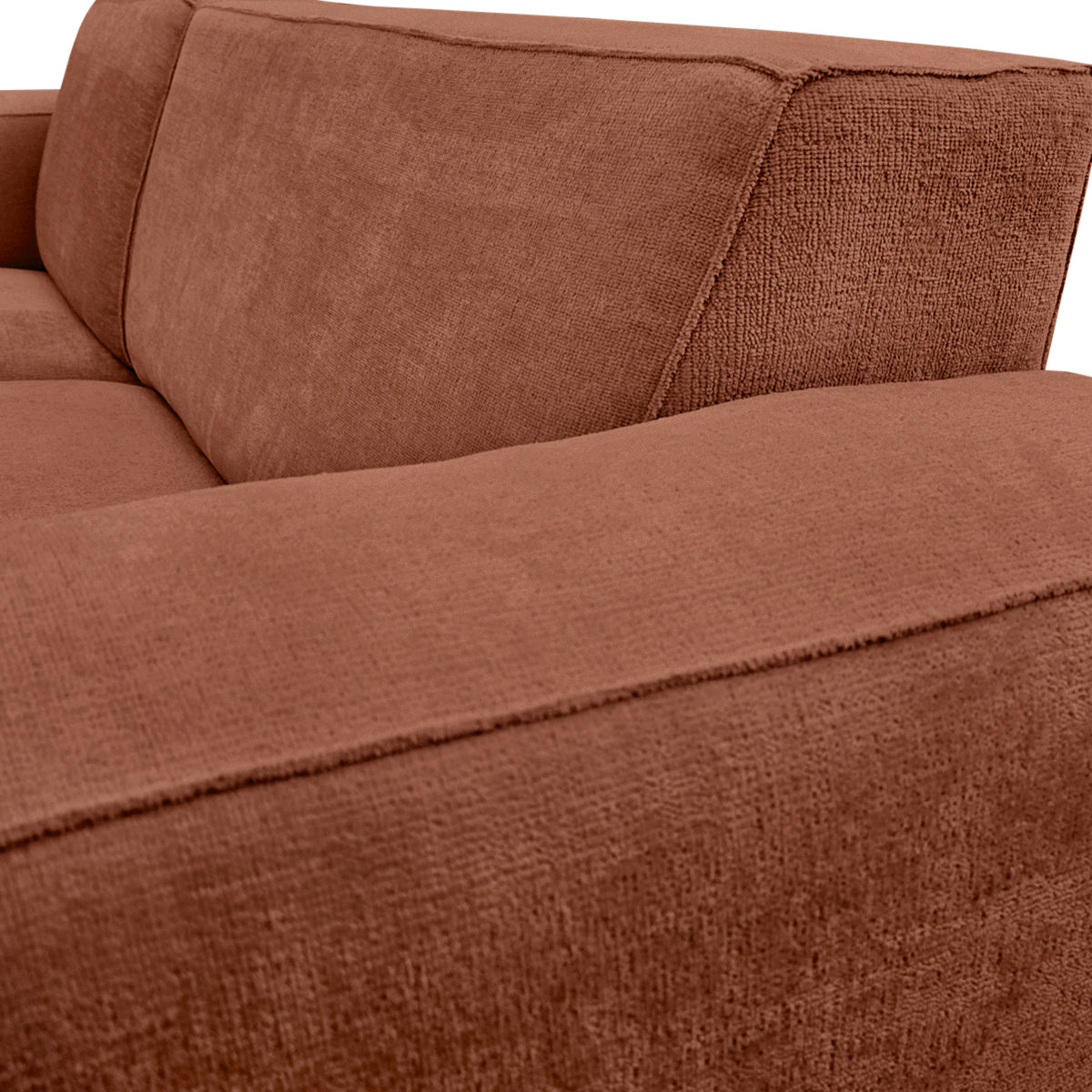 Canapé d’angle gauche Roi-de-Sicile en tissu chenille terracotta Paname Avenue, zoom sur le revêtement