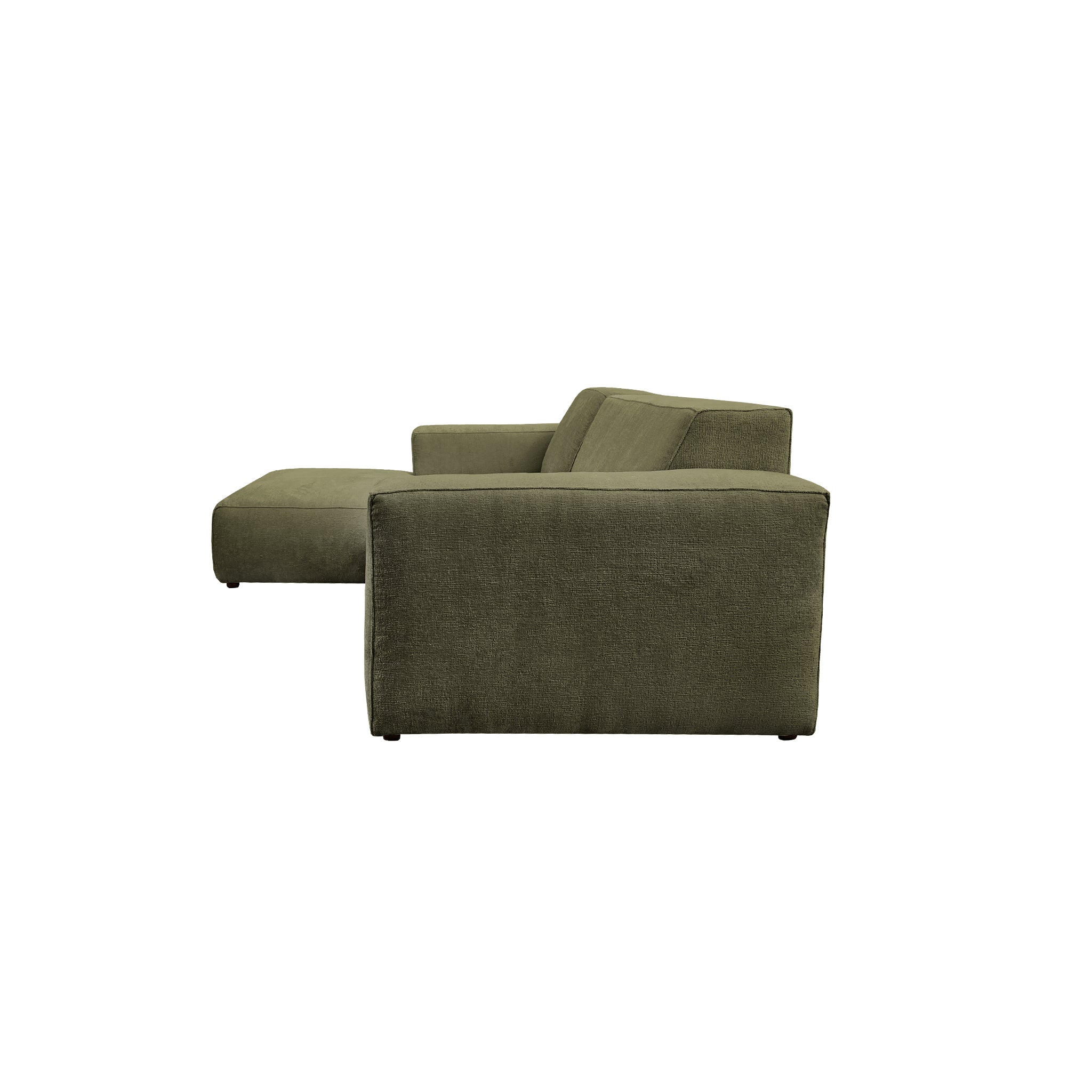 Canapé d’angle gauche Roi-de-Sicile en tissu chenille vert olive Paname Avenue, vue de profil sur fond blanc