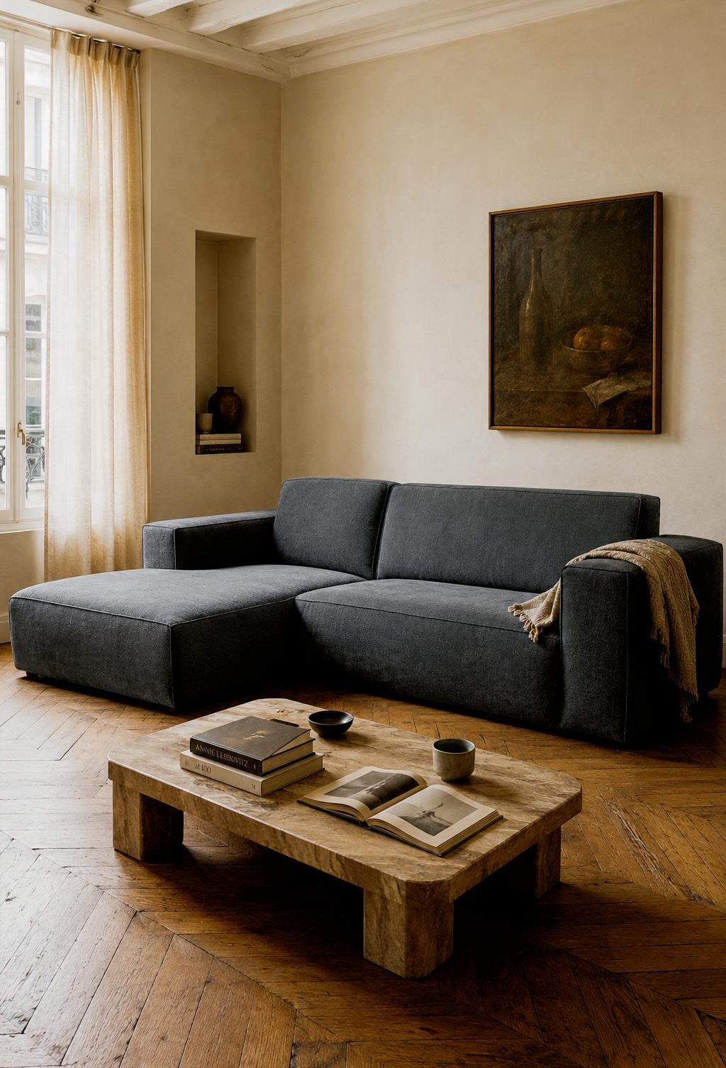 Canapé d'angle Roi-de-Sicile dans un salon chaleureux au style parisien avec table basse en bois massif, parquet point de Hongrie et décoration minimaliste