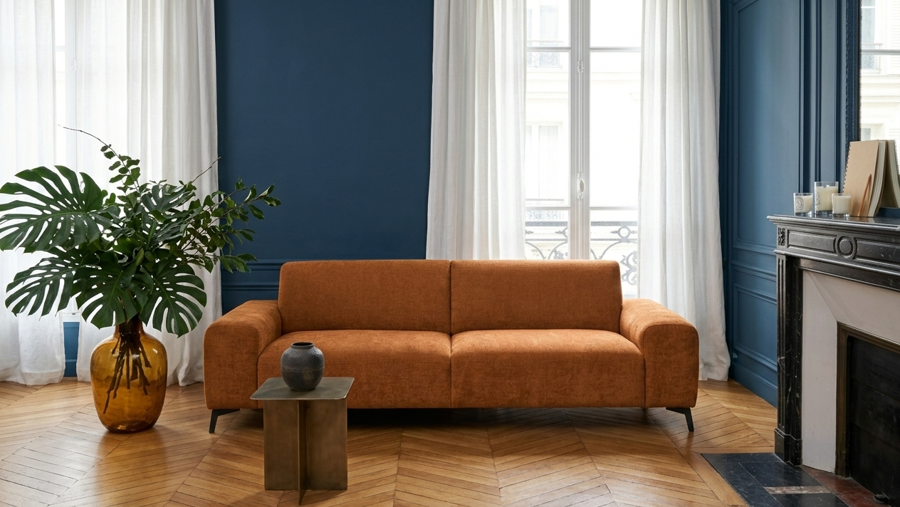 Canapé droit Frochot de Paname Avenue dans un salon haussmannien parisien aux couleurs inspirées de Matisse