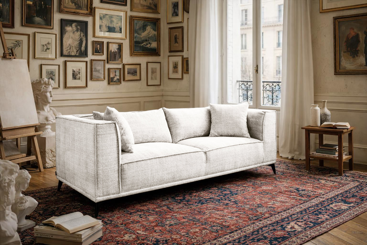 Canapé droit Abbesses en tissu chenille beige Paname Avenue, dans un décor inspire au quartier parisien