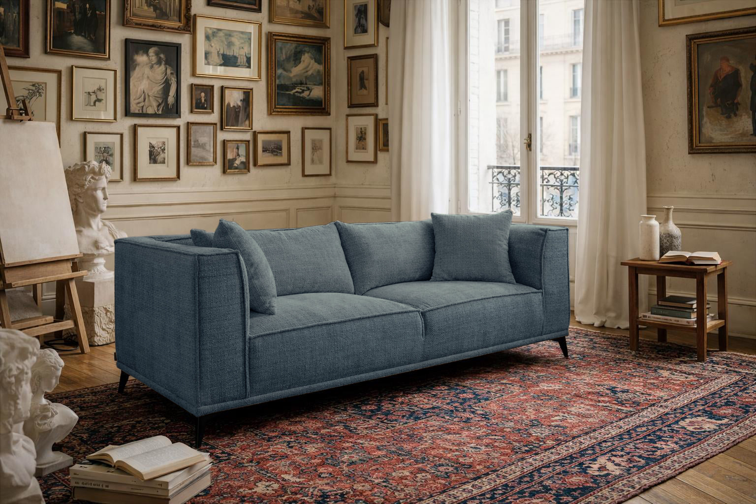 Canapé droit Abbesses en tissu chenille bleu Paname Avenue, dans un décor inspire au quartier parisien