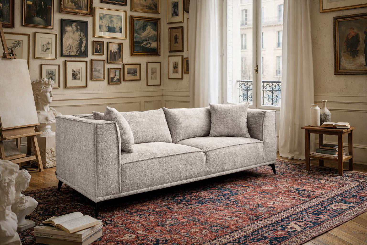 Canapé droit Abbesses en tissu chenille taupe Paname Avenue, dans un décor inspire au quartier parisien