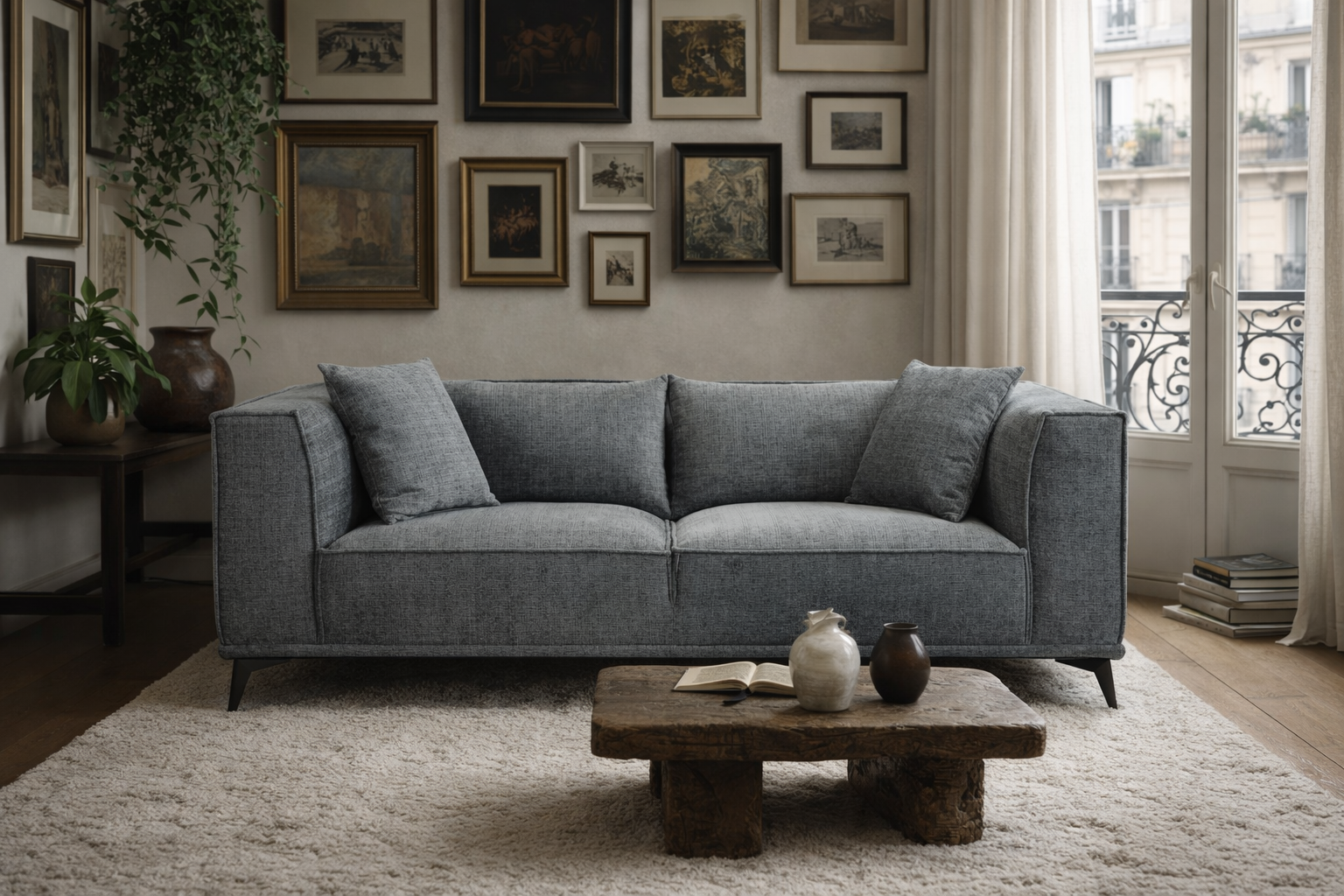 Canapé droit Abbesses en tissu chenille anthracite dans un décor parisien avec cadres et plantes vertes.