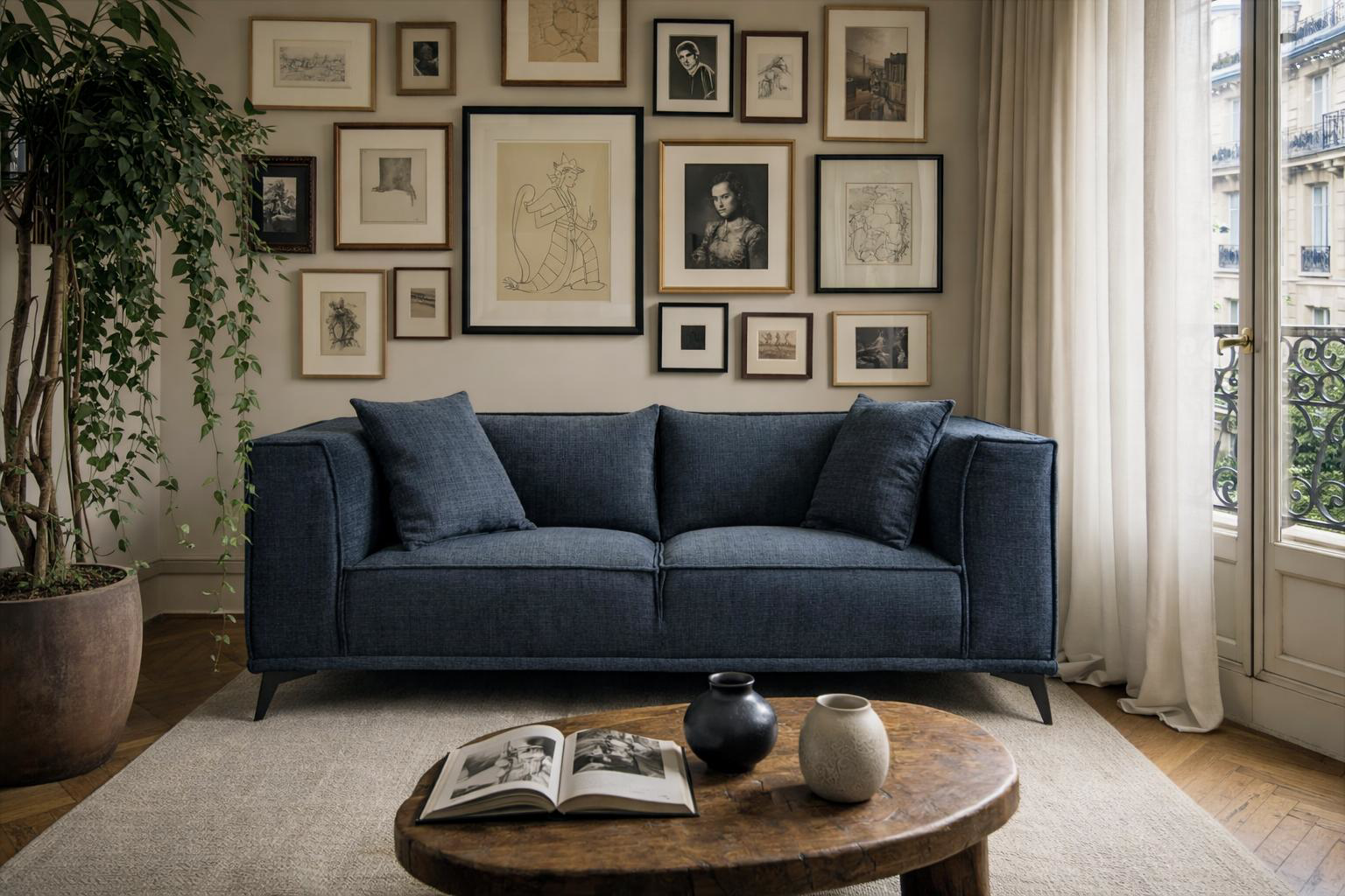 Canapé droit Abbesses Paname Avenue en tissu chenille bleu dans un salon parisien élégant avec mur de cadres, parquet, table basse en bois et lumière naturelle chaleureuse