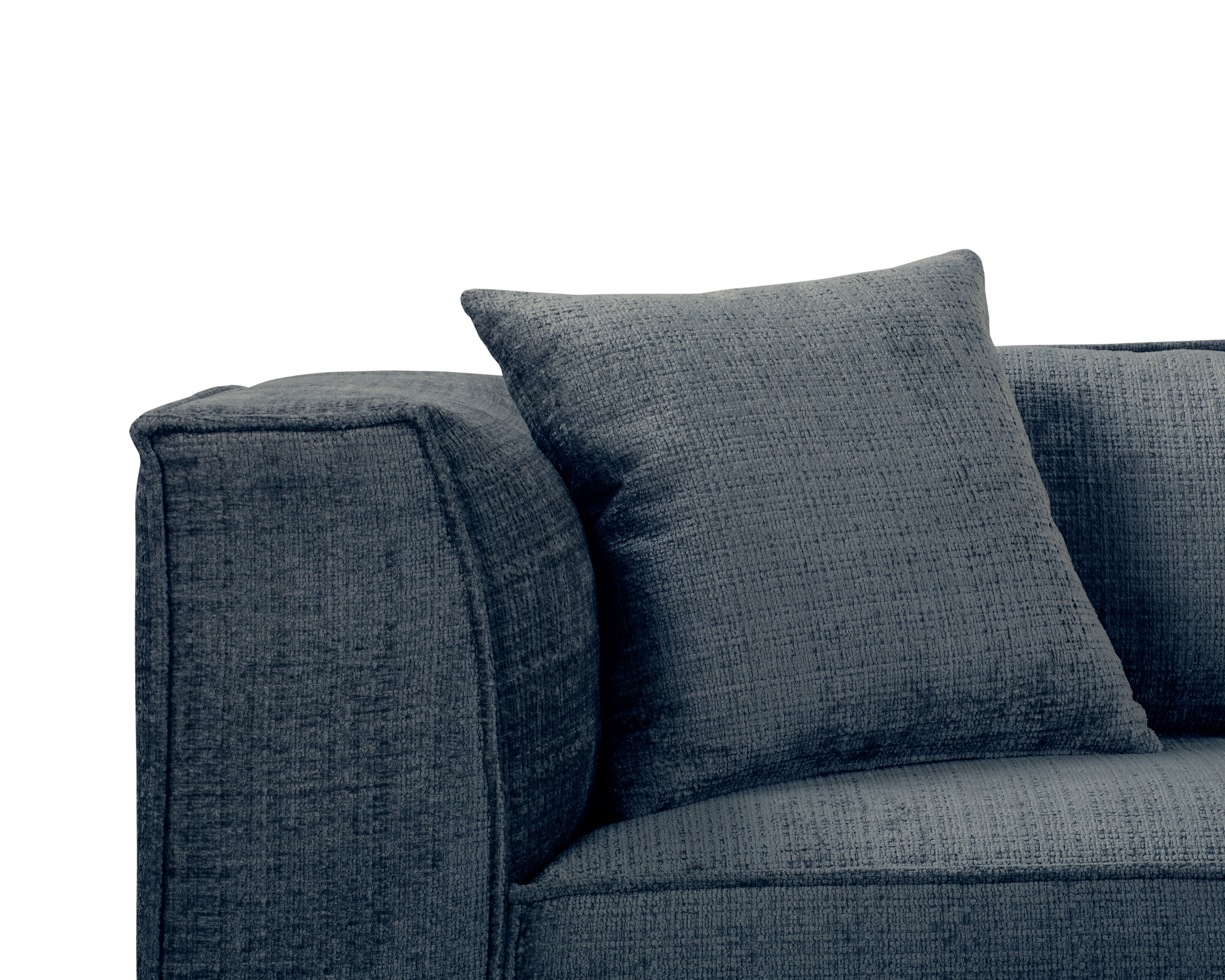 Canapé droit Abbesses en tissu chenille bleu Paname Avenue, zoom sur les coussins