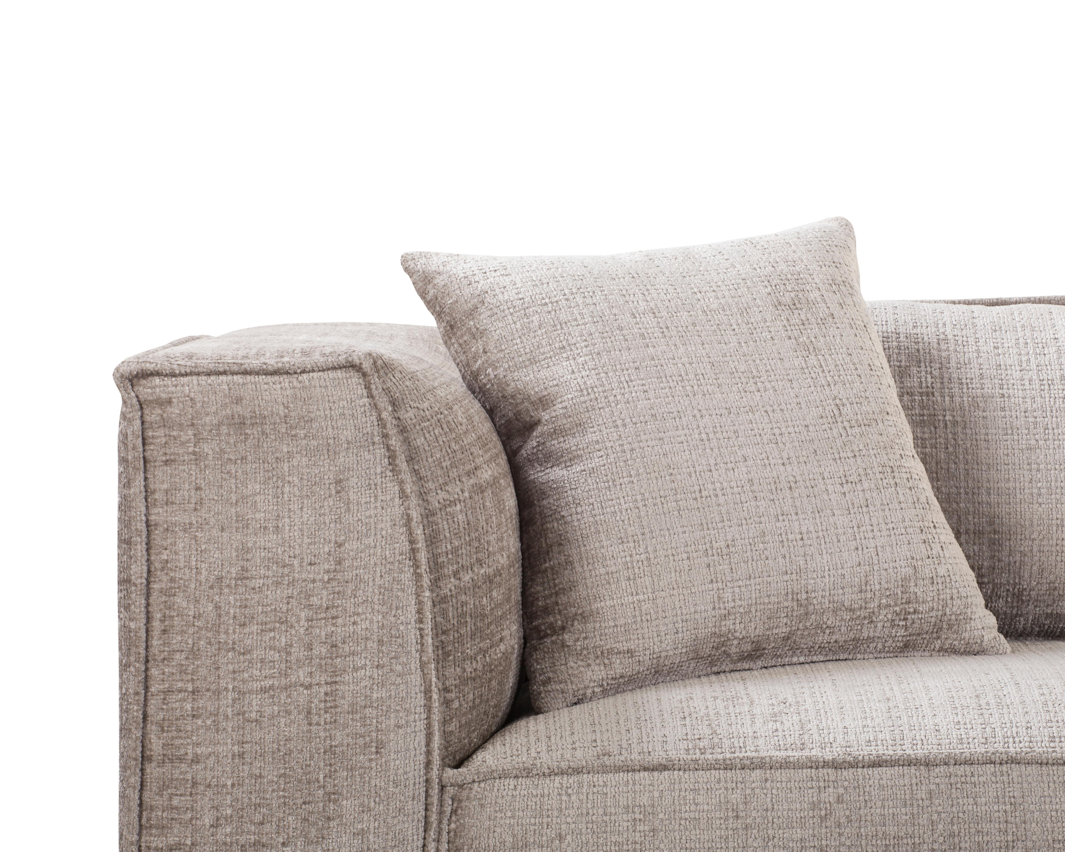 Canapé droit Abbesses en tissu chenille taupe Paname Avenue, zoom sur les coussins