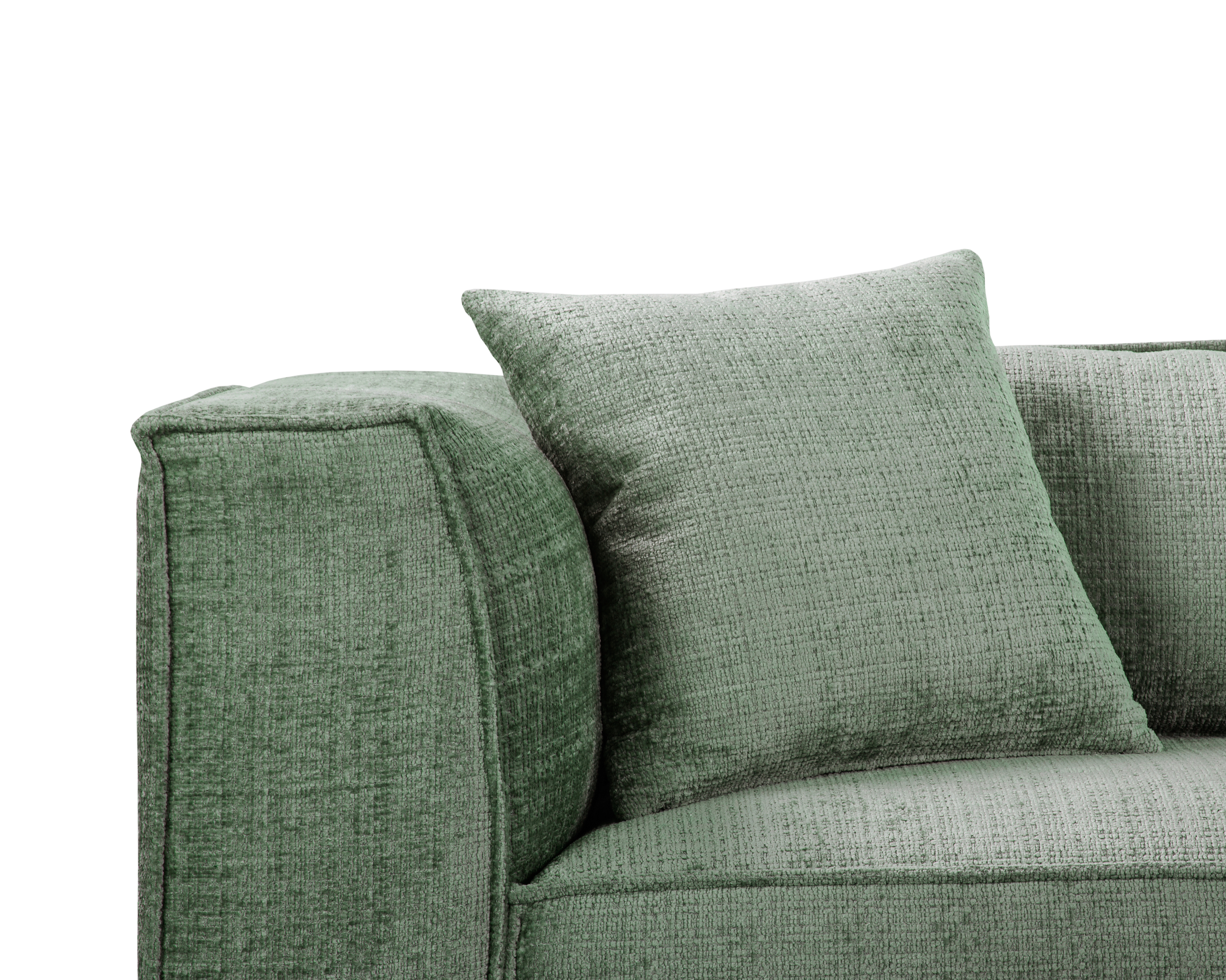 Canapé droit Abbesses en tissu chenille vert olive Paname Avenue, zoom sur les coussins