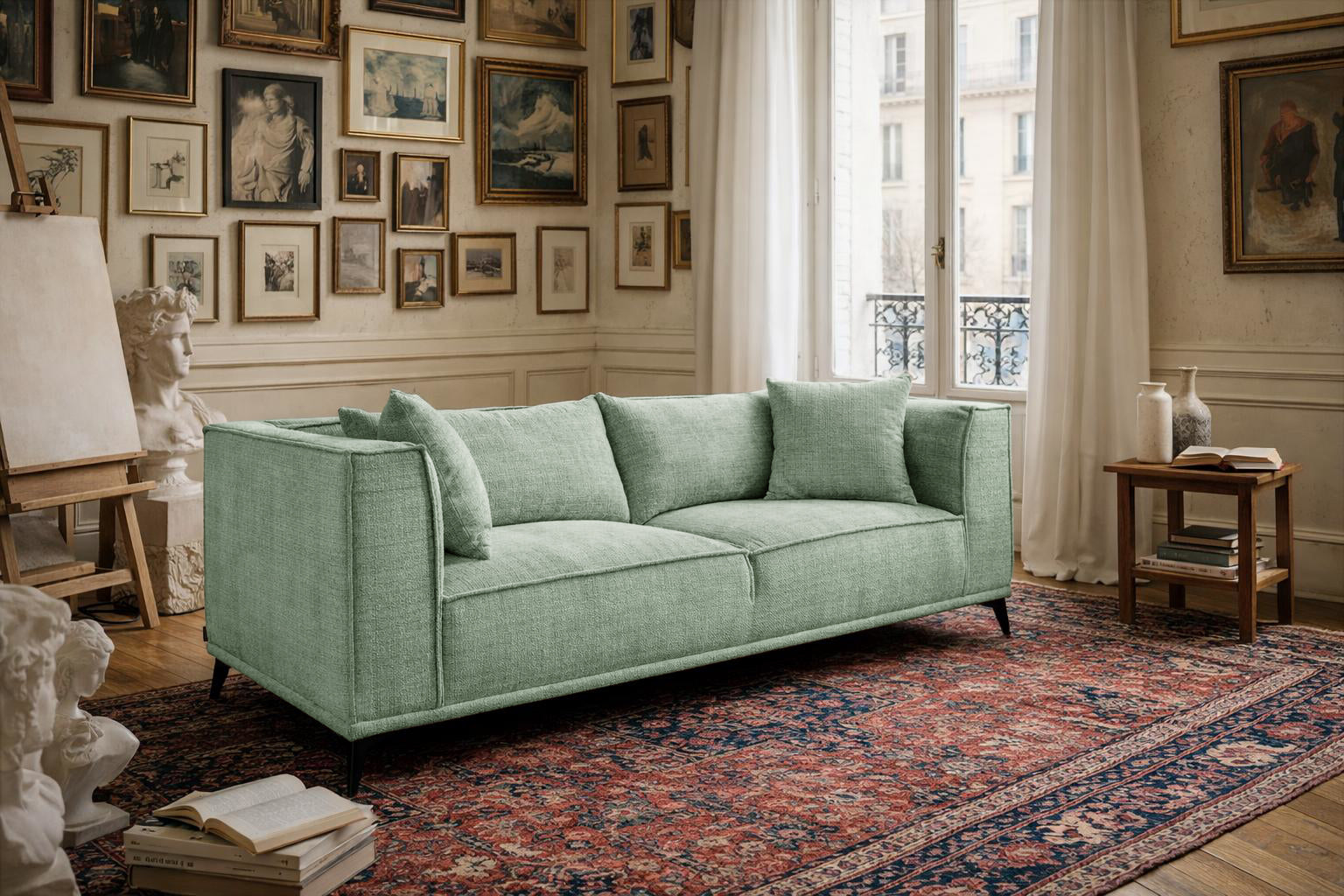 Canapé droit Abbesses en tissu chenille vert Paname Avenue, dans un décor inspire au quartier parisien