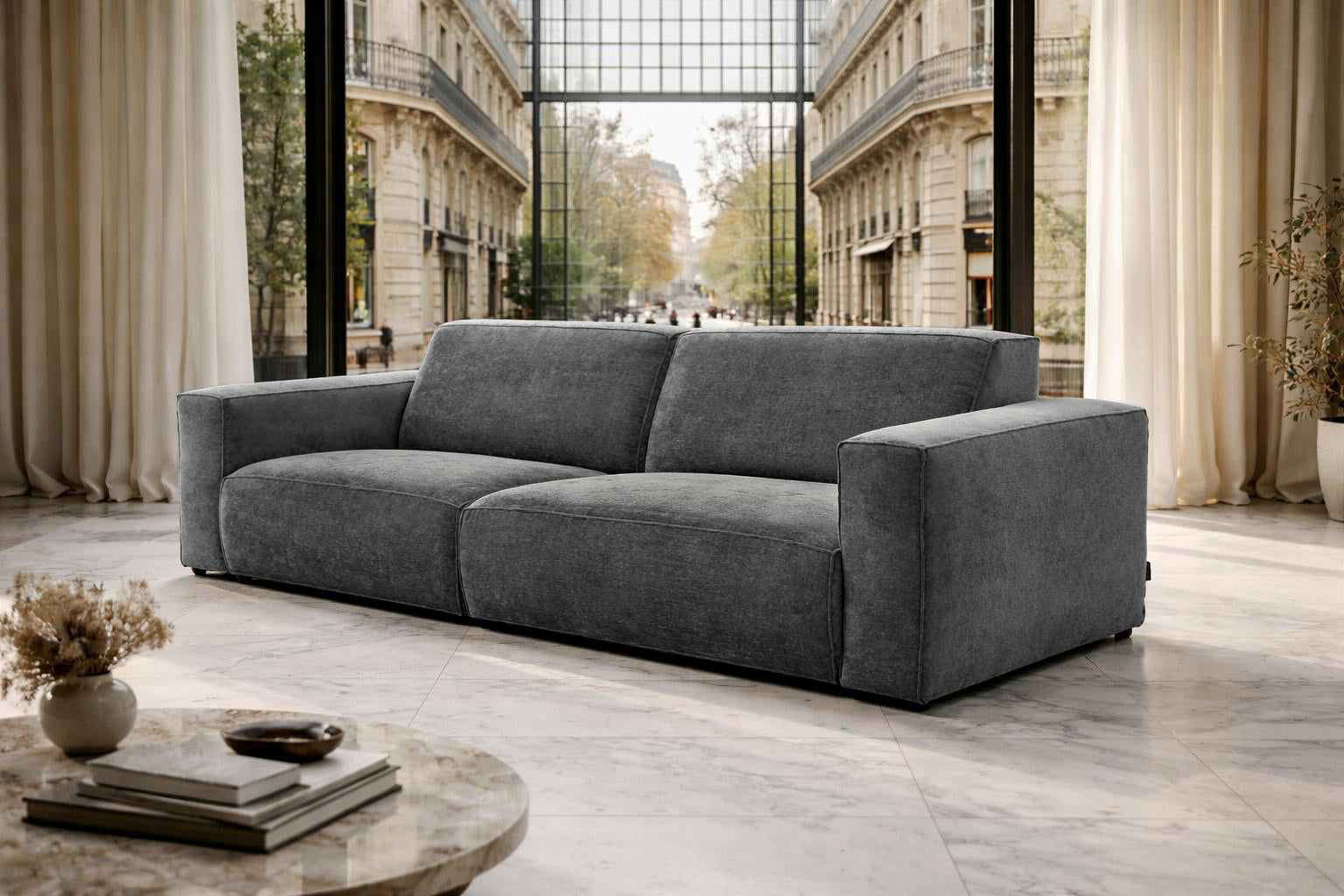 Canapé droit Pyramides en tissu chenille anthracite Paname Avenue, dans un décor inspire au quartier parisien