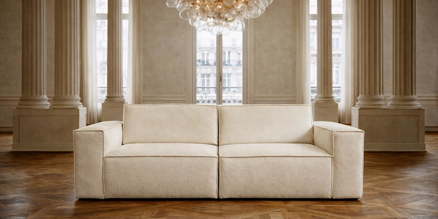 Canapé droit Beaux-Arts en tissu chenille beige de Paname Avenue installé dans un luxueux salon haussmannien avec un lustre monumental 