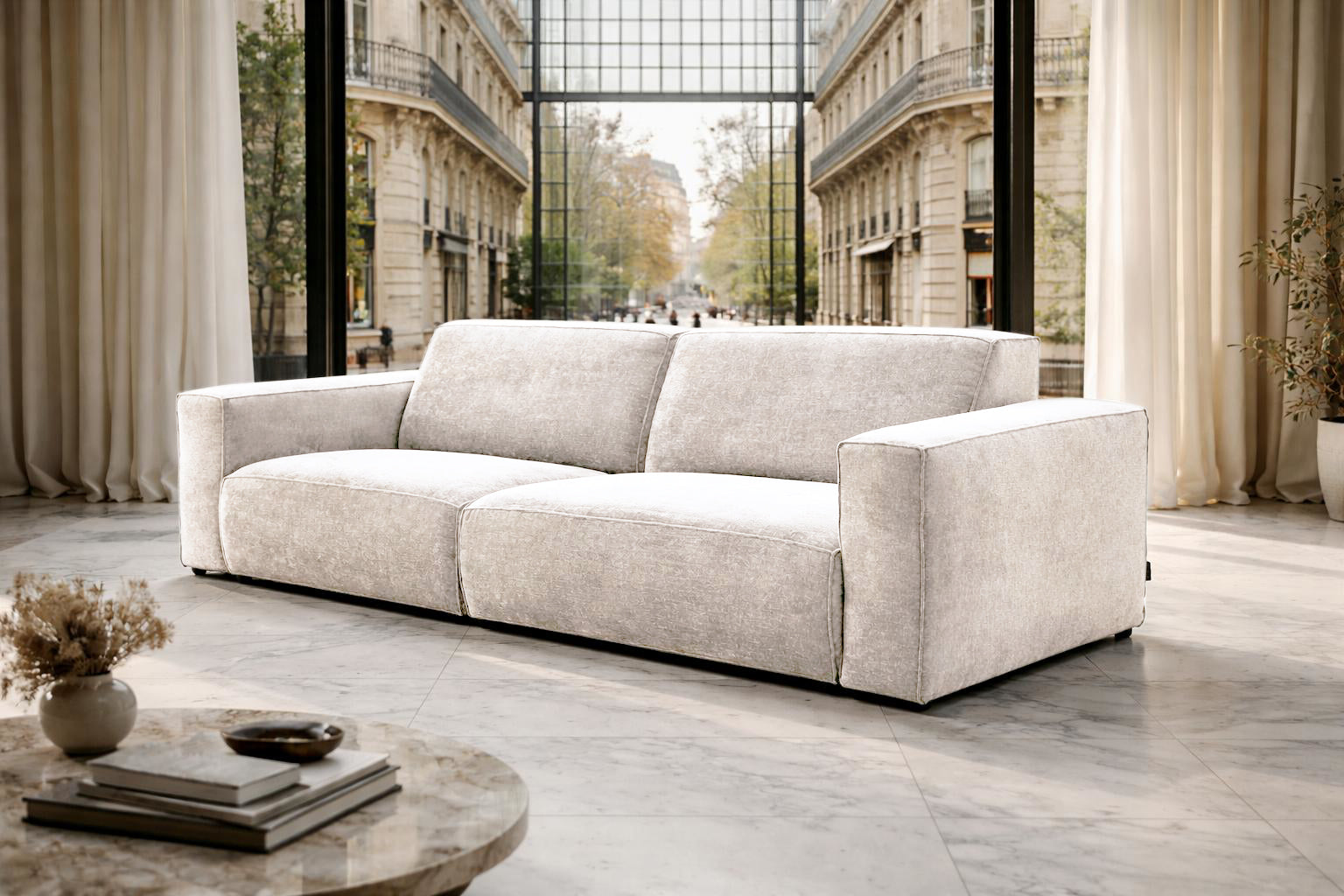 Canapé droit Pyramides en tissu chenille beige Paname Avenue, dans un décor inspire au quartier parisien