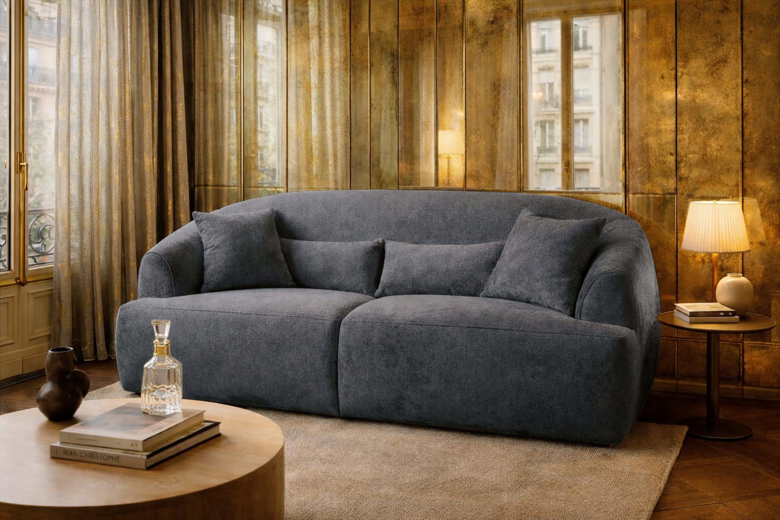 Canapé droit Calais en tissu chenille anthracite Paname Avenue, dans un décor inspire au quartier parisien