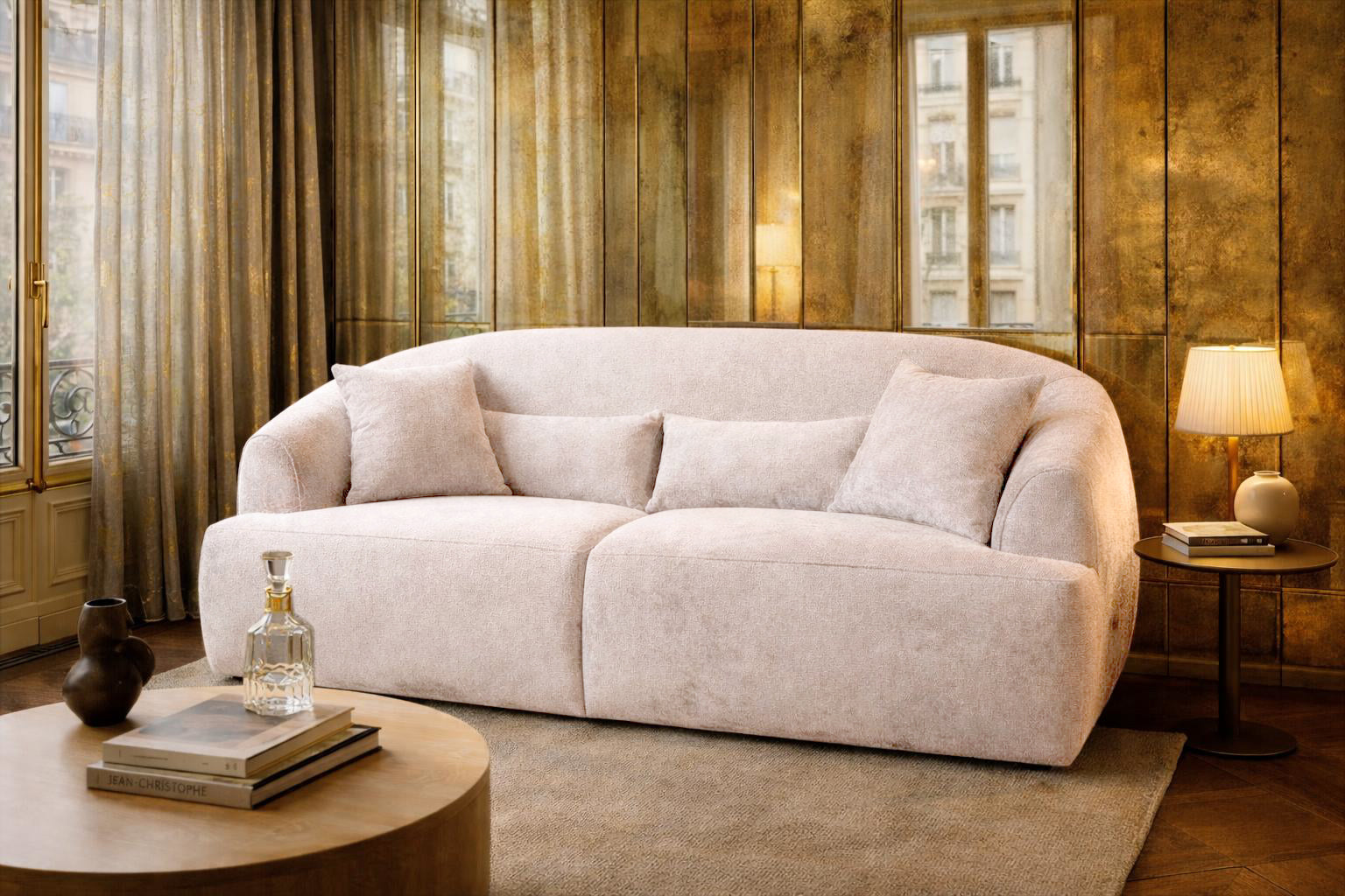 Canapé droit Calais en tissu chenille beige Paname Avenue, dans un décor inspire au quartier parisien