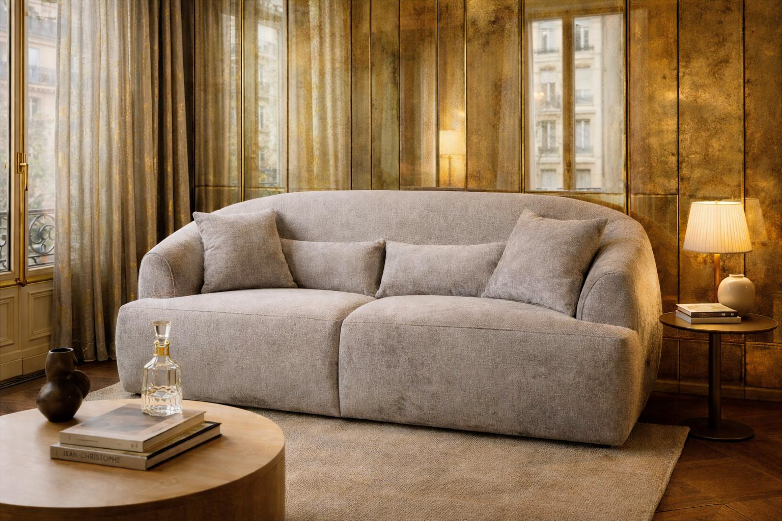 Canapé droit Calais en tissu chenille gris Paname Avenue, dans un décor inspire au quartier parisien