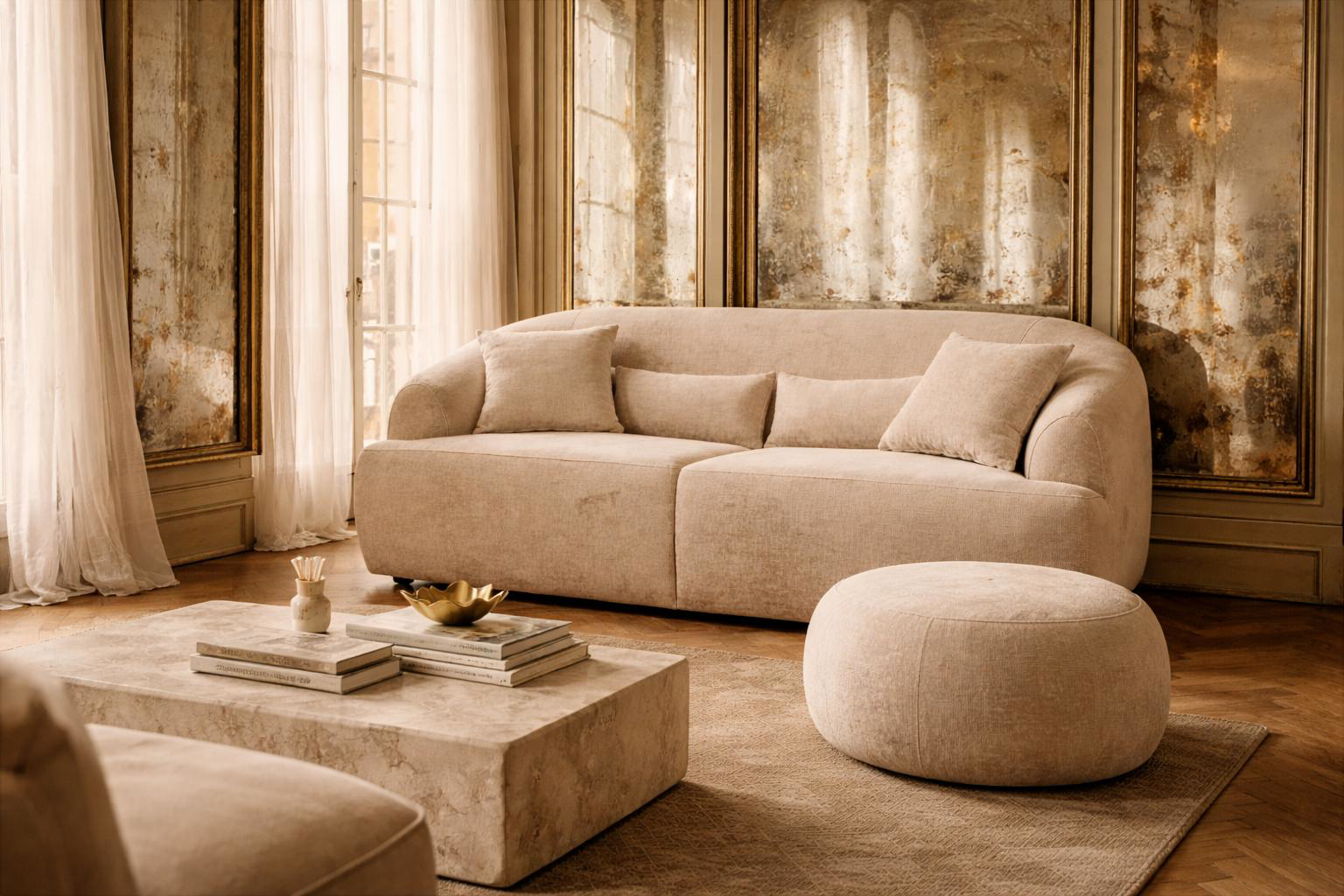 Canapé droit Calais avec pouf Verrerie Paname Avenue en tissu texturé dans un salon lumineux avec table basse en pierre et ambiance élégante parisienne