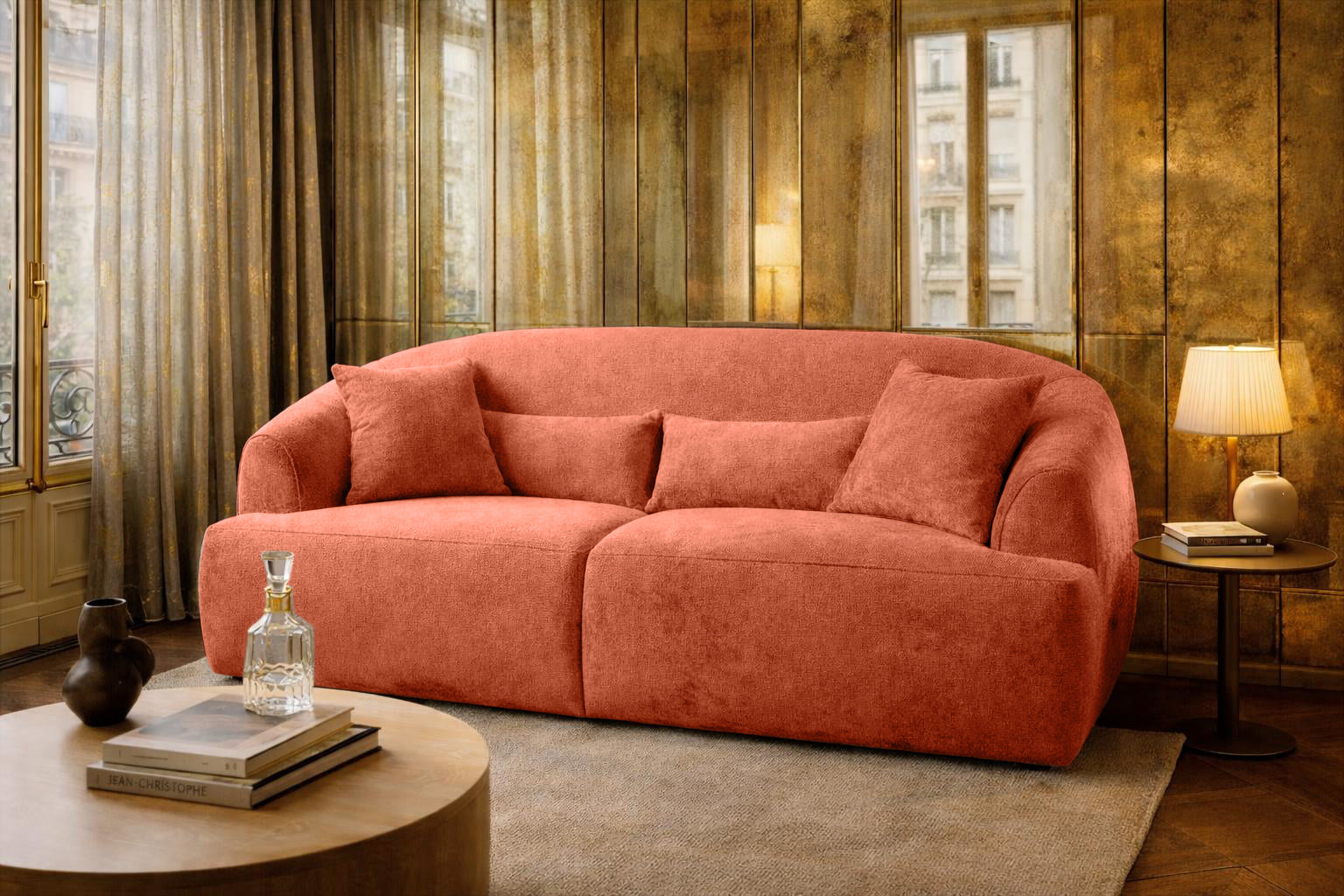 Canapé droit Calais en tissu chenille terracotta Paname Avenue, dans un décor inspire au quartier parisien