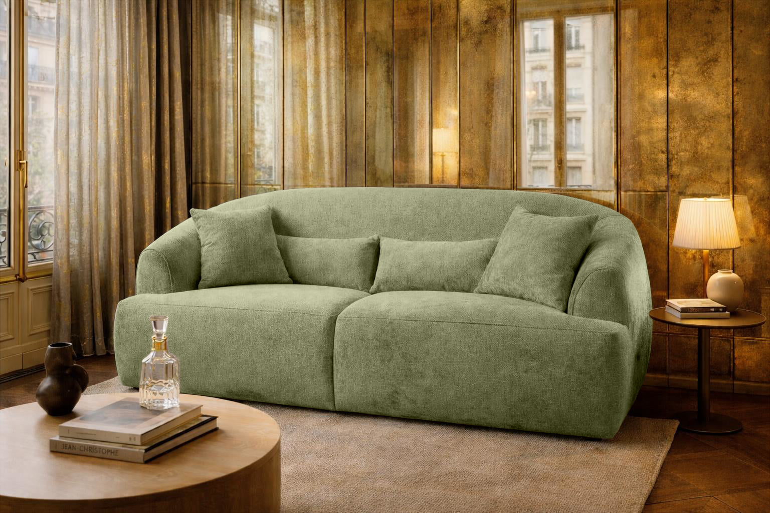 Canapé droit Calais en tissu chenille vert olive Paname Avenue, dans un décor inspire au quartier parisien