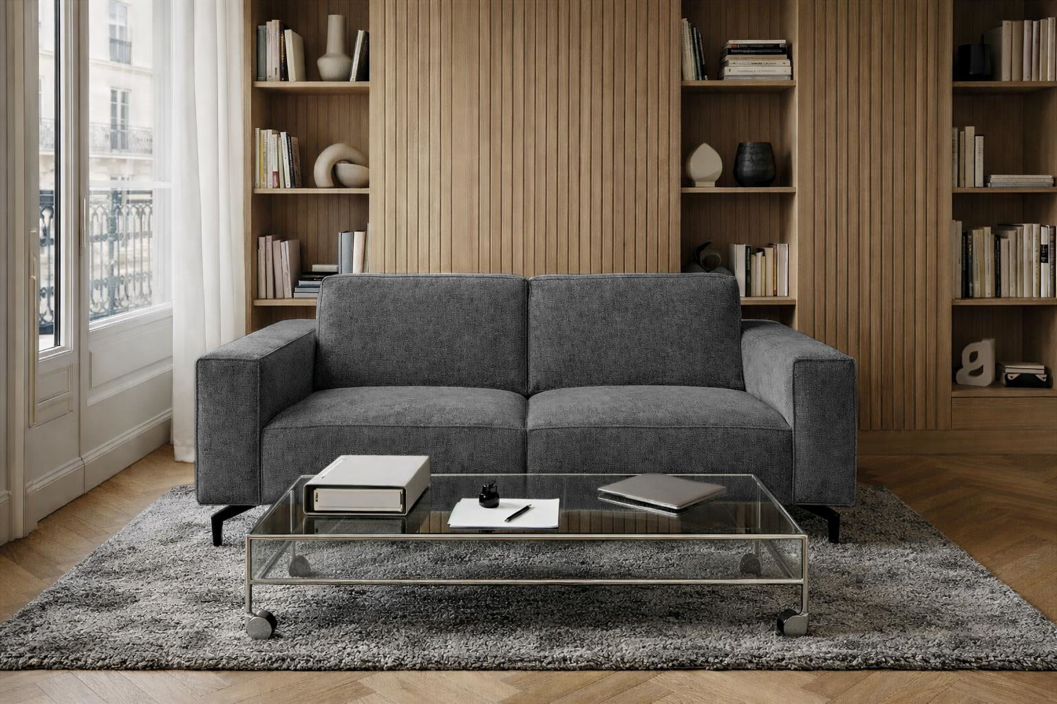 Canapé droit Cléry en tissu chenille anthracite Paname Avenue, dans un décor inspire au quartier parisien