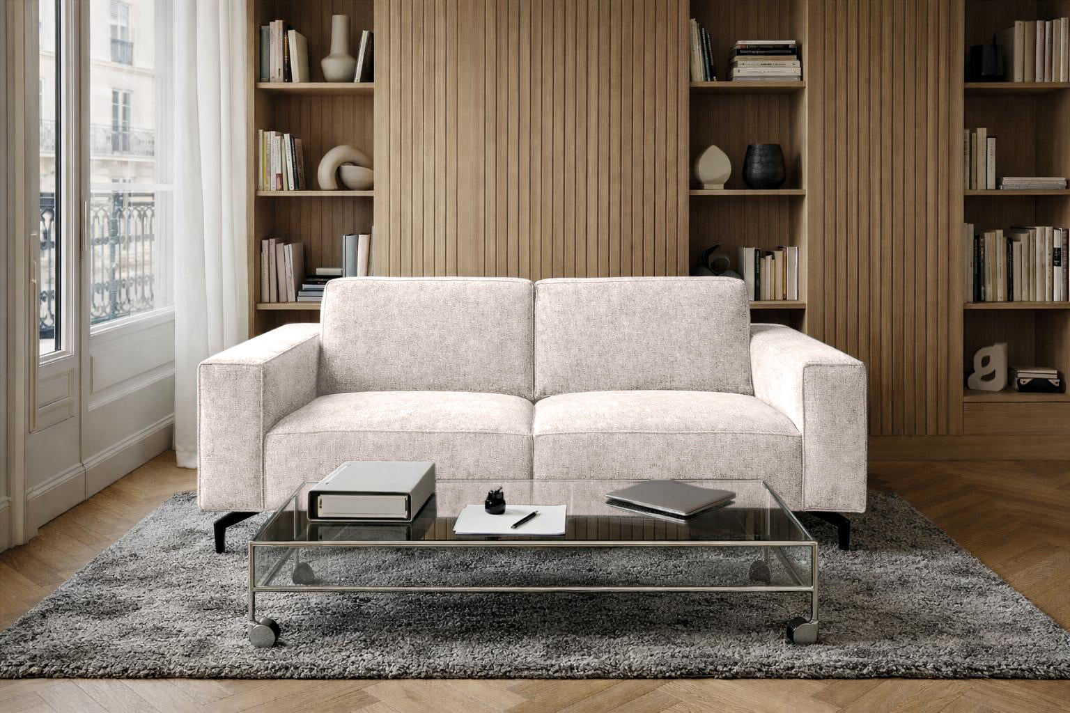 Canapé droit Cléry en tissu chenille beige Paname Avenue, dans un décor inspire au quartier parisien