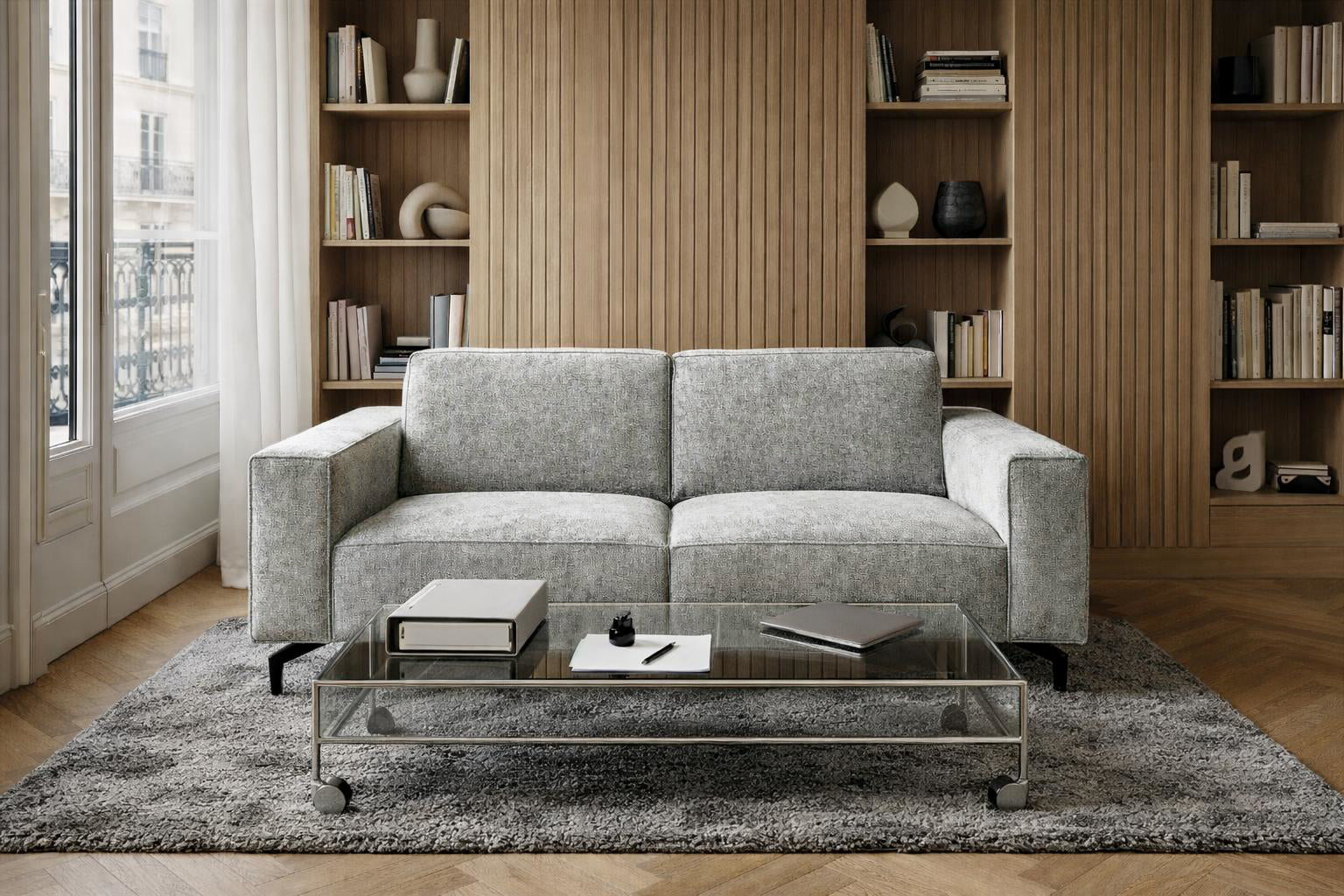 Canapé droit Cléry en tissu chenille gris Paname Avenue, dans un décor inspire au quartier parisien