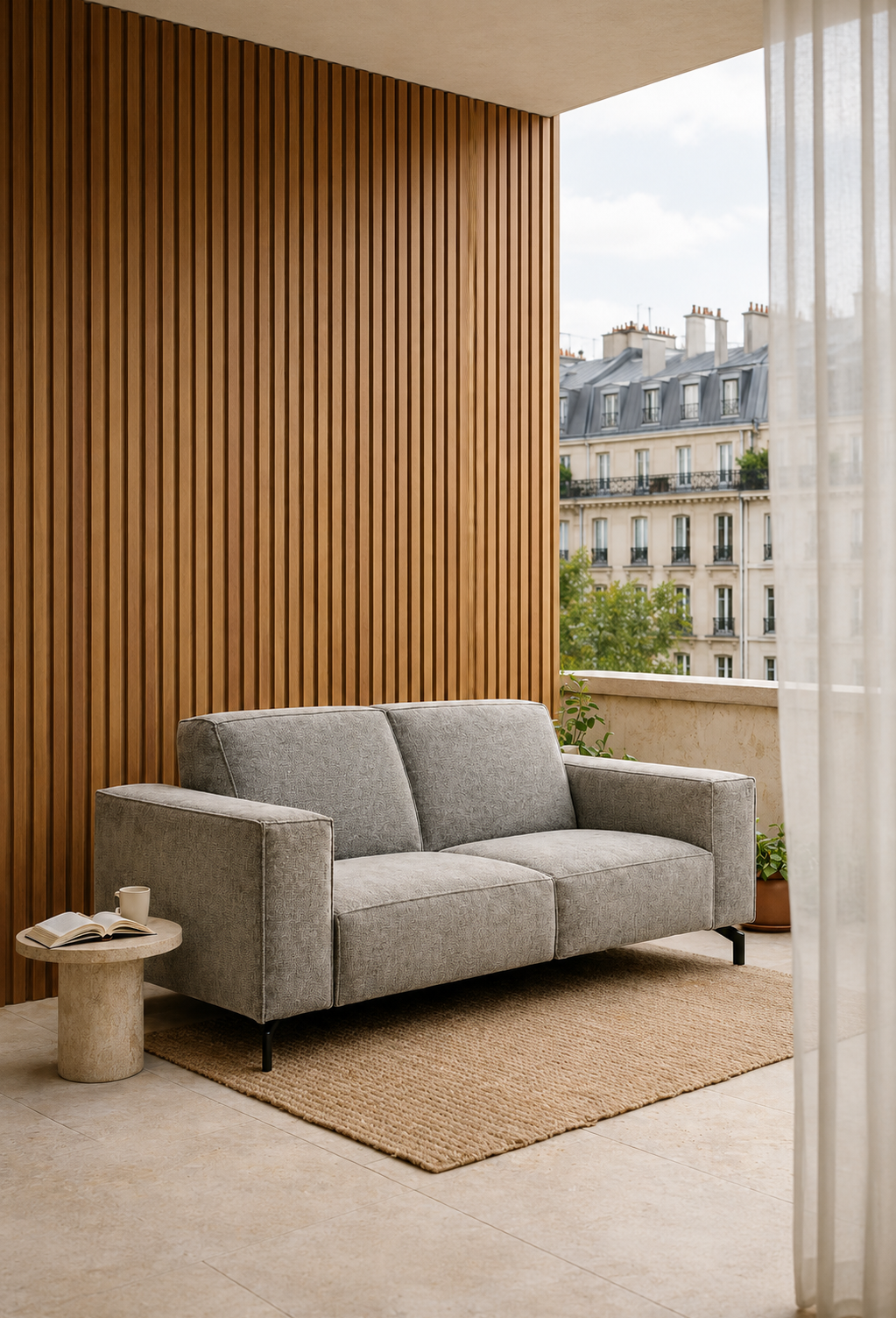 Canapé droit Cléry en tissu chenille gris sur une terrasse contemporaine avec mur en tasseaux de bois, table d'appoint effet travertin et vue sur les toits parisiens