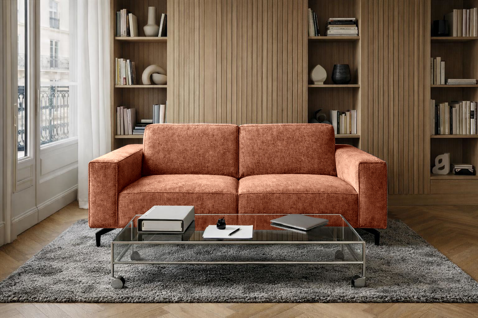 Canapé droit Cléry en tissu chenille terracotta Paname Avenue, dans un décor inspire au quartier parisien