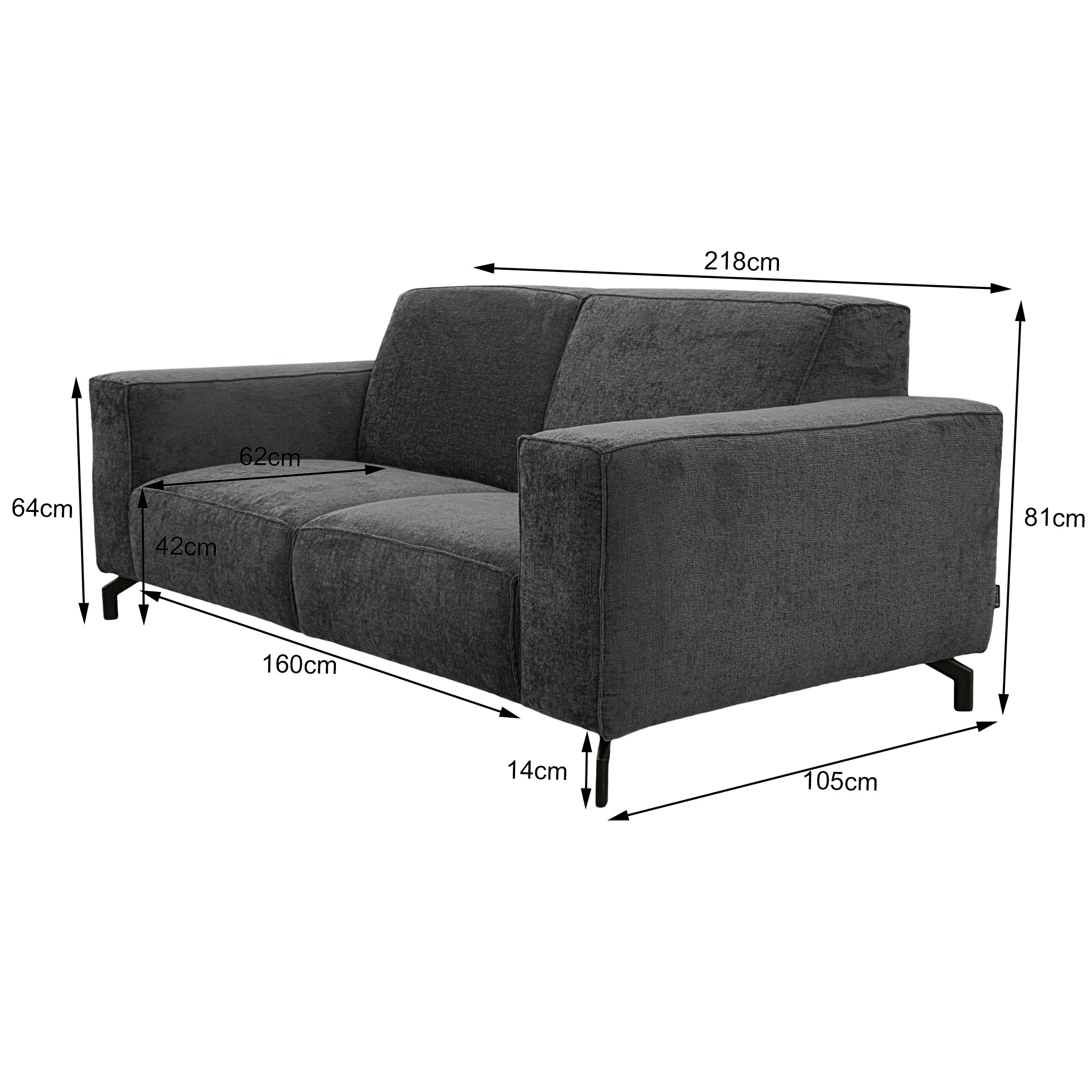 Canapé droit Cléry en tissu chenille anthracite Paname Avenue, schéma des dimensions