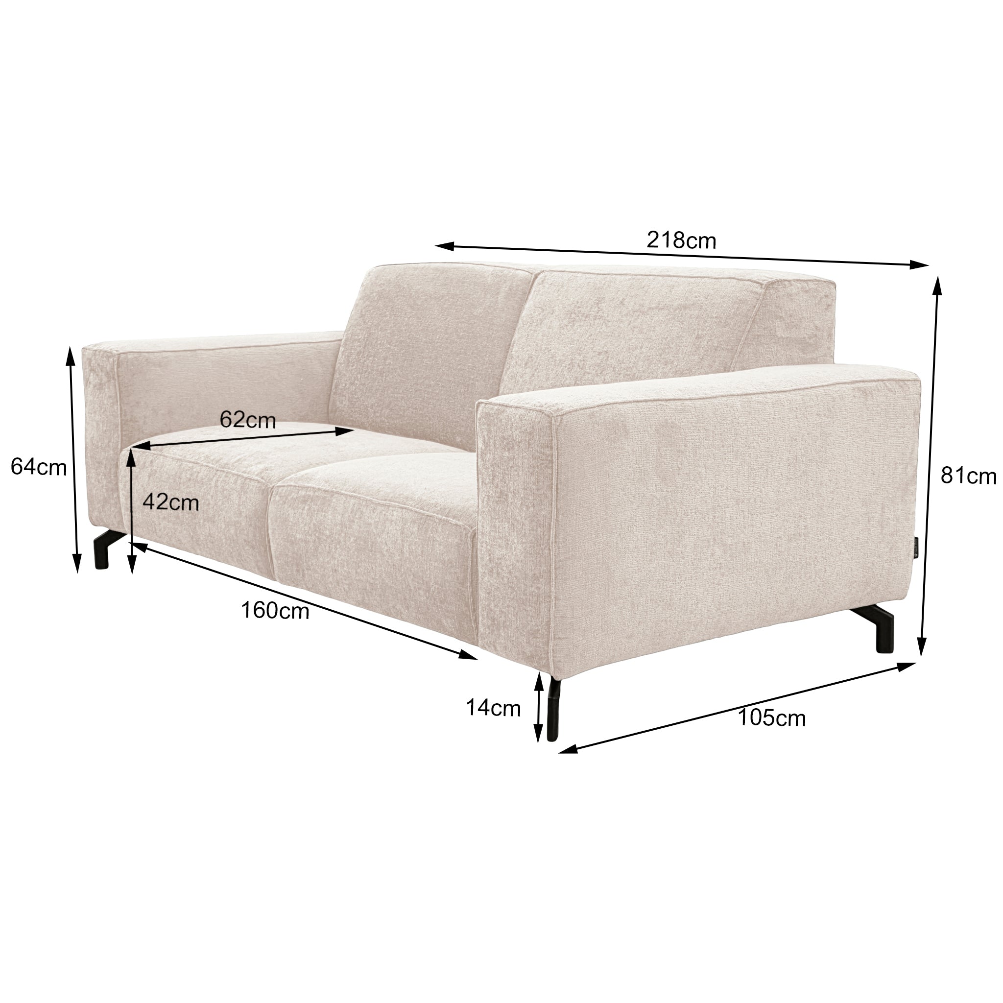 Canapé droit Cléry en tissu chenille beige Paname Avenue, schéma des dimensions