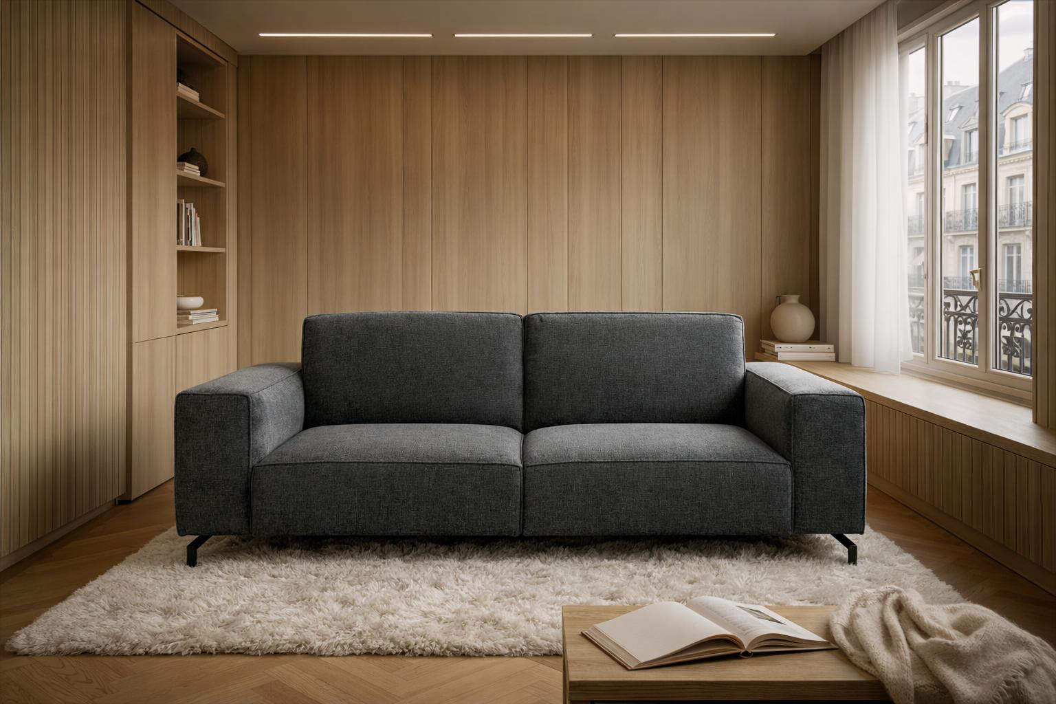 Canapé droit Cléry en tissu chenille dans un salon d’appartement parisien