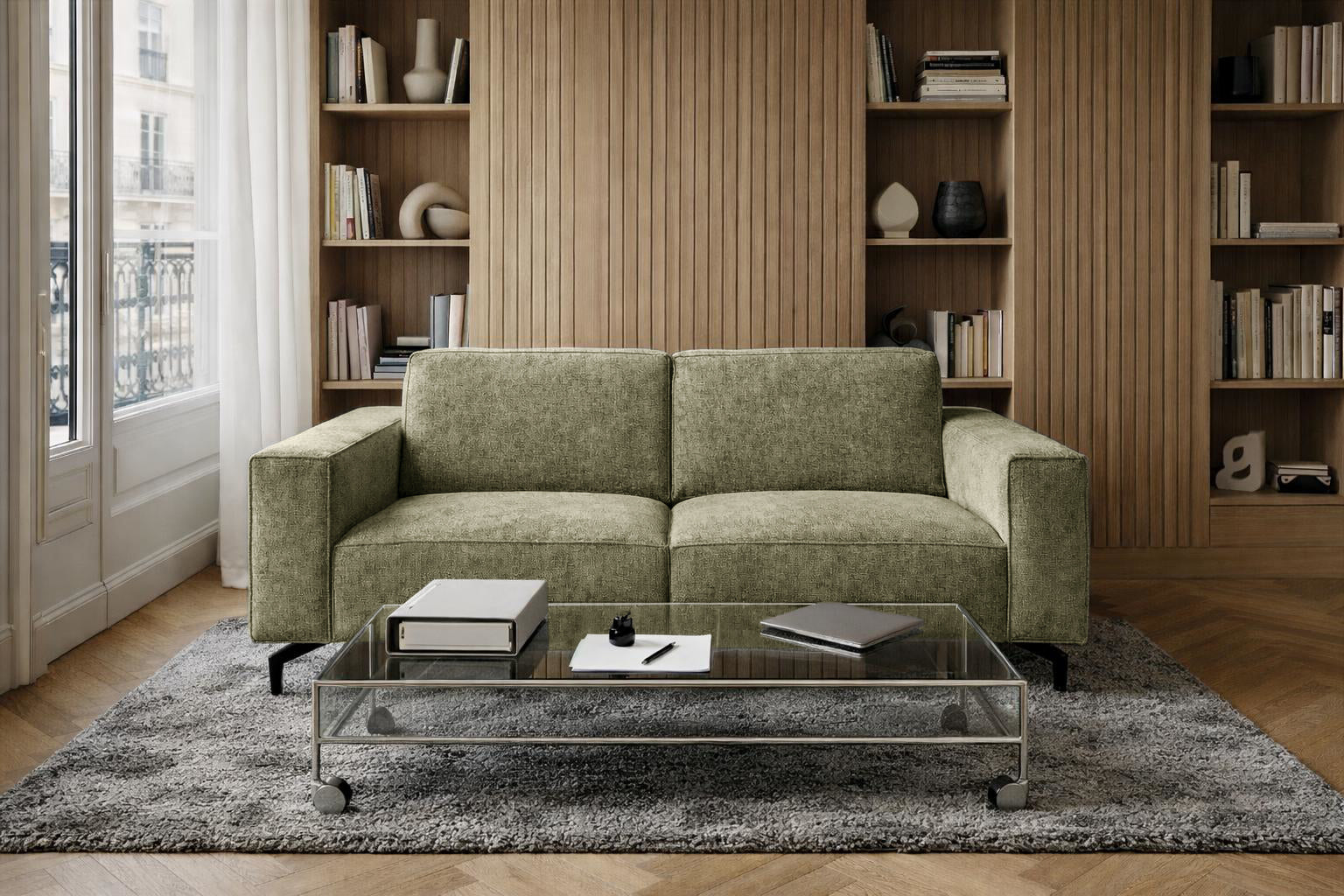 Canapé droit Cléry en tissu chenille vert olive Paname Avenue, dans un décor inspire au quartier parisien