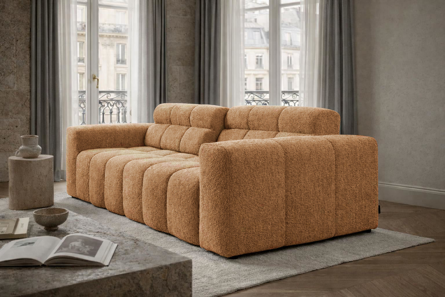 Canapé droit Colonel-Driant en tissu bouclette terracotta Paname Avenue, dans un décor inspire au quartier parisien
