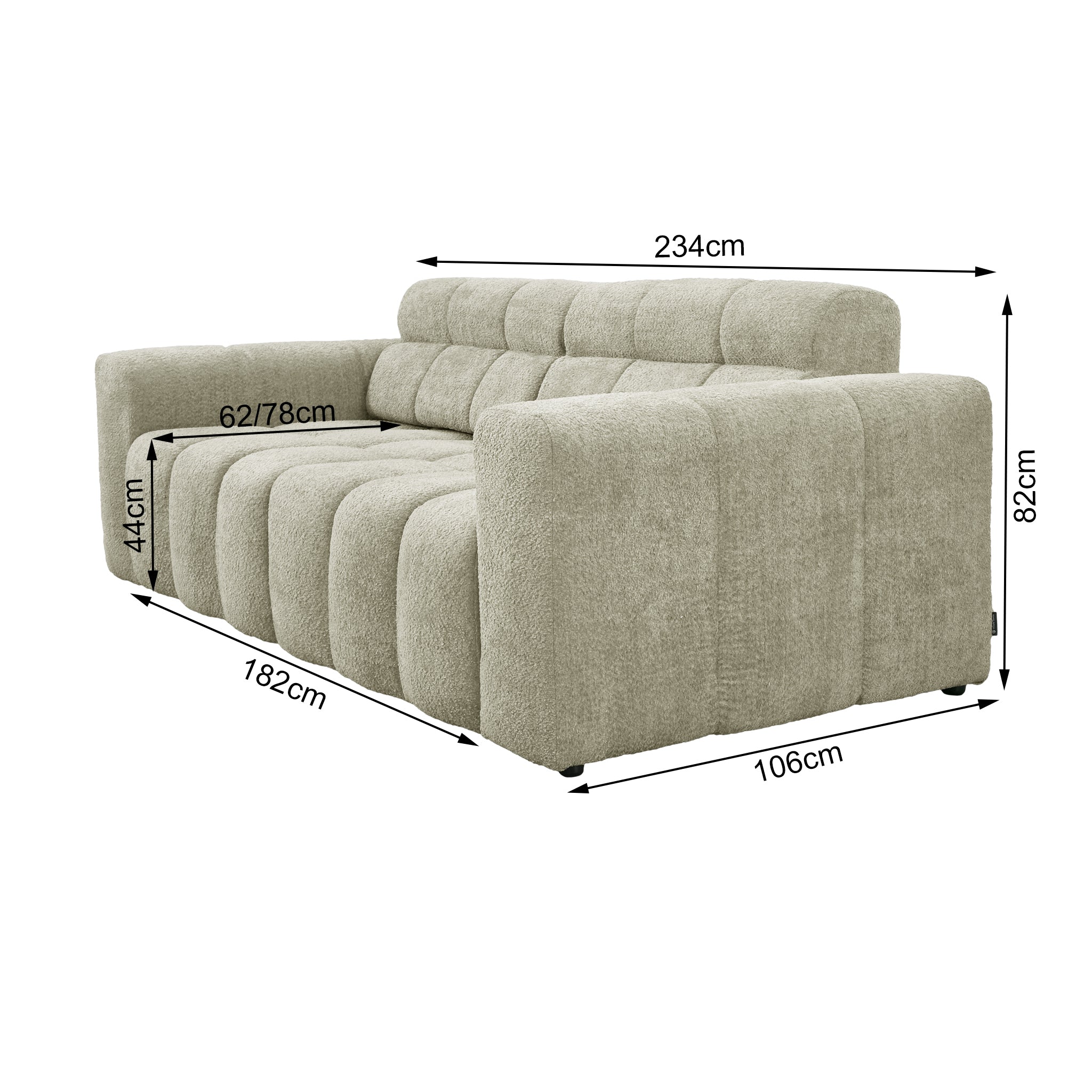 Canapé droit Colonel-Driant en tissu bouclette beige Paname Avenue, schéma des dimensions