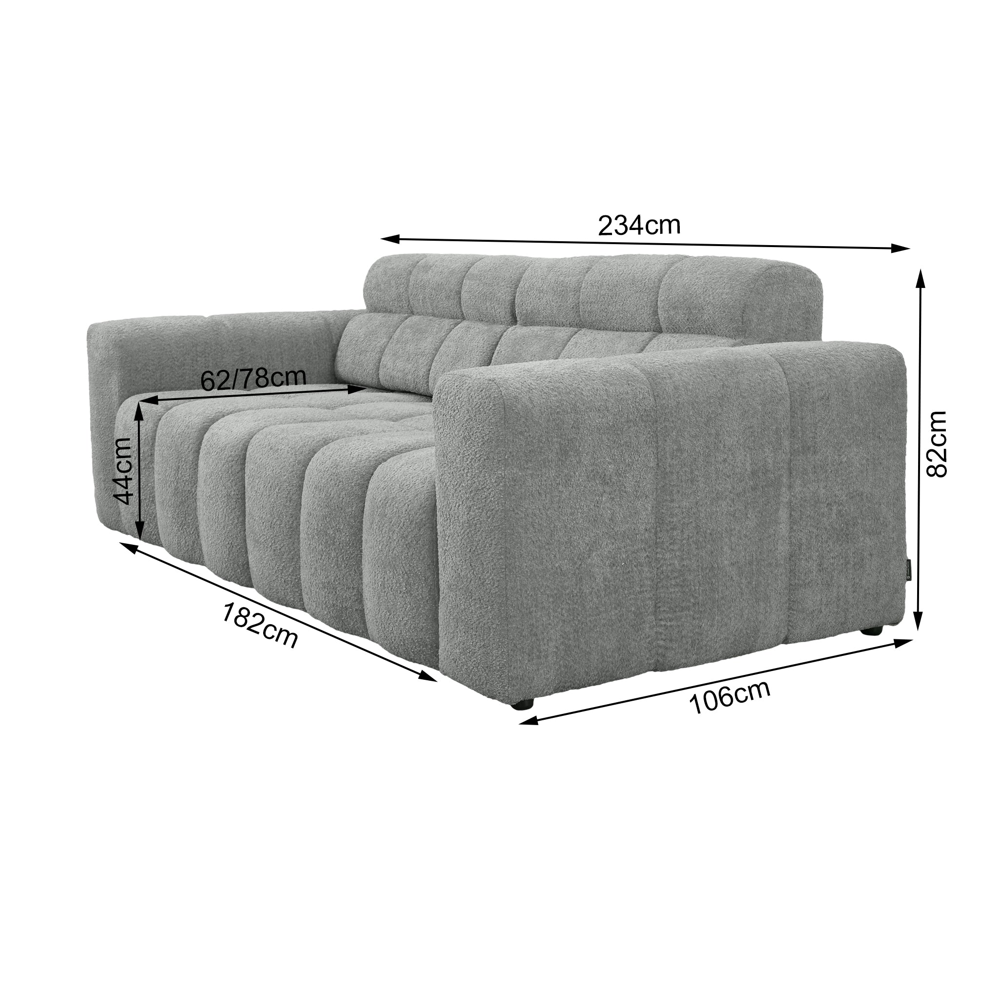 Canapé droit Colonel-Driant en tissu bouclette gris clair Paname Avenue, schéma des dimensions
