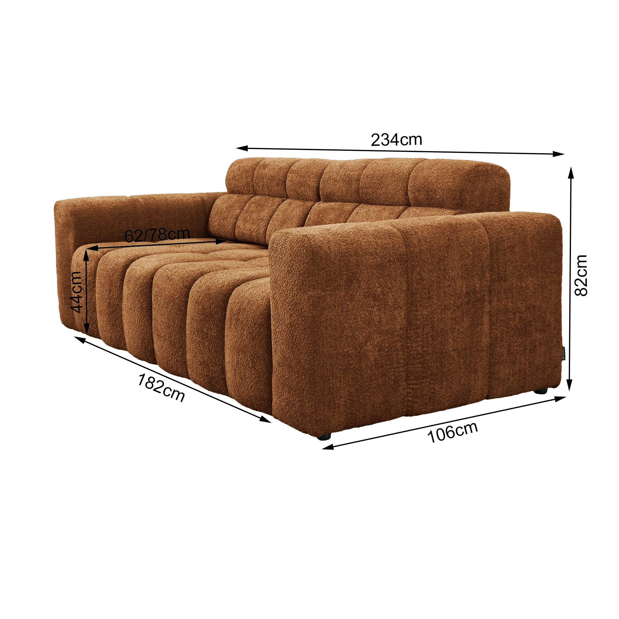 Canapé droit Colonel-Driant en tissu bouclette terracotta Paname Avenue, schéma des dimensions