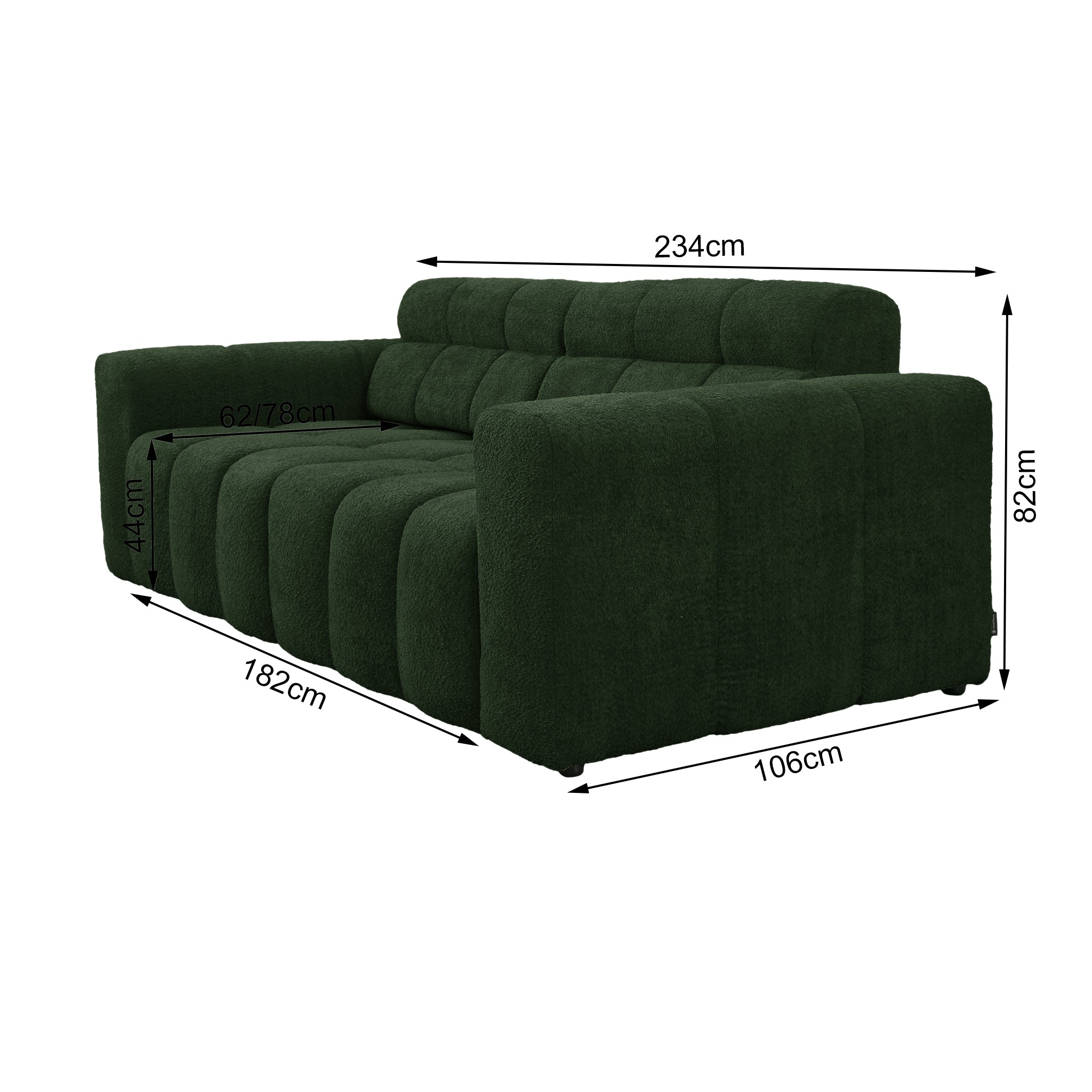 Canapé droit Colonel-Driant en tissu bouclette vert Paname Avenue, schéma des dimensions