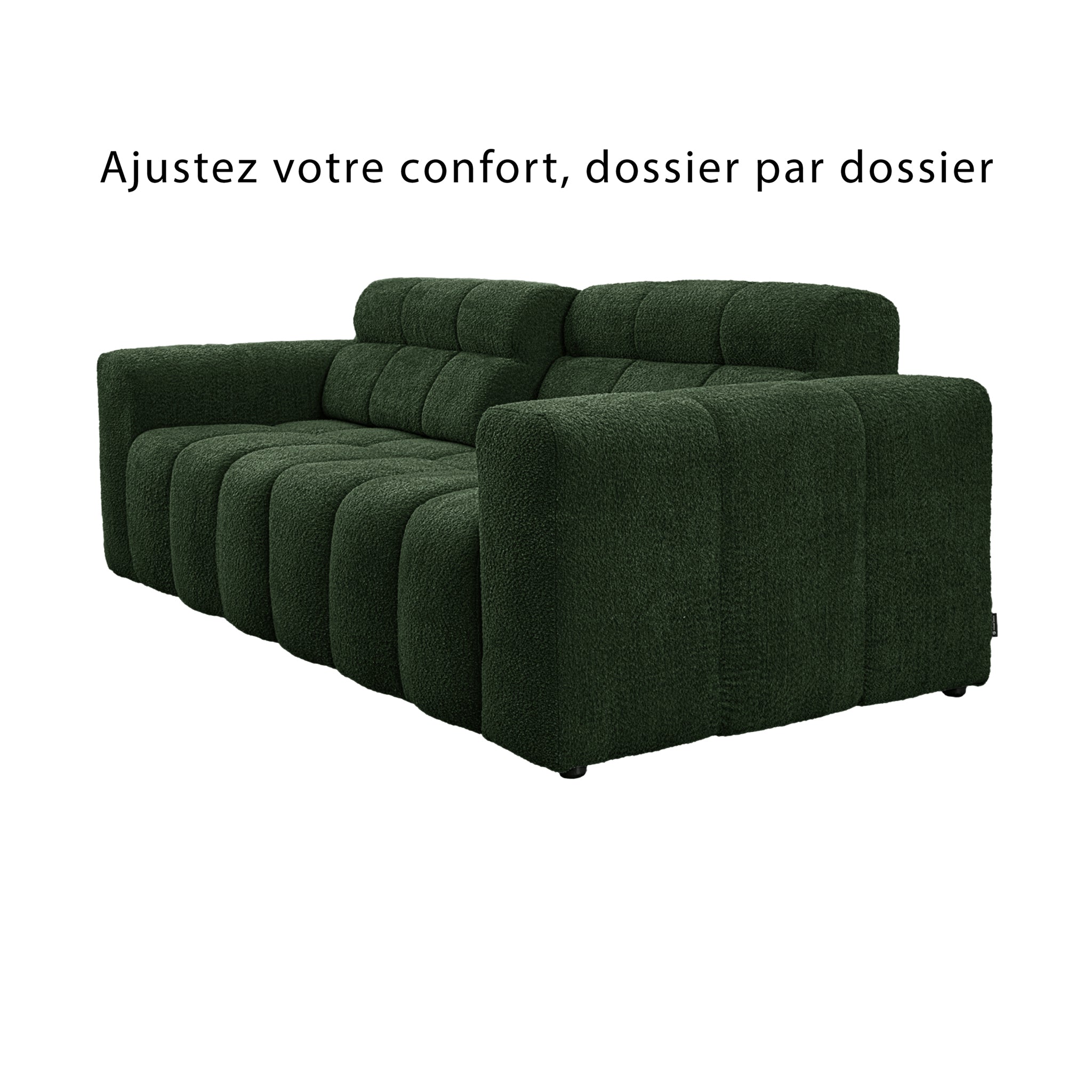 Canapé droit Colonel-Driant en tissu bouclette vert Paname Avenue, vue sur les dossiers ajustables