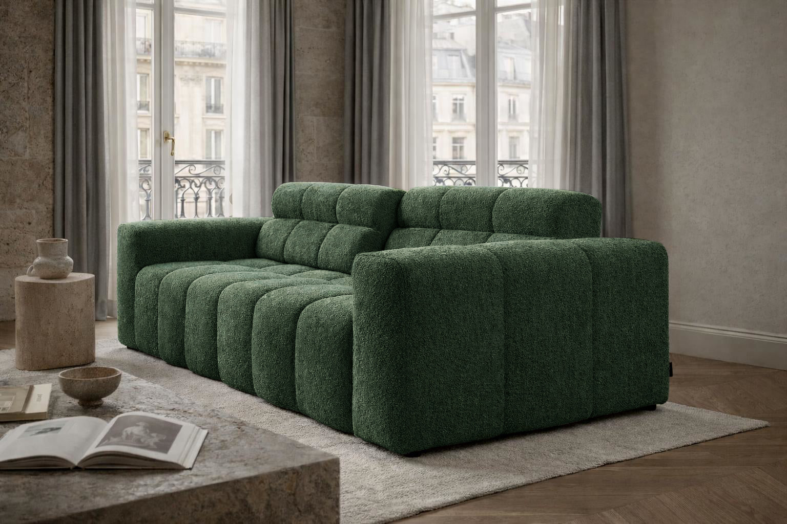 Canapé droit Colonel-Driant en tissu bouclette vert Paname Avenue, dans un décor inspire au quartier parisien