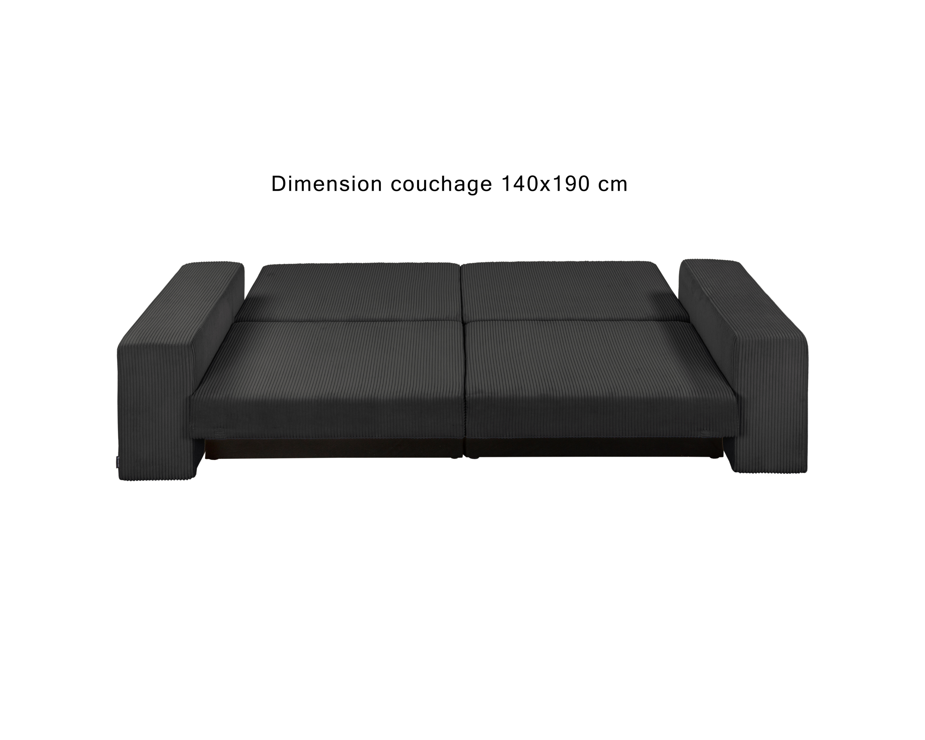 Canapé droit convertible Barres en tissu petit velours côtelé anthracite Paname Avenue, déployé en mode lit avec dimension de couchage 140x190 cm