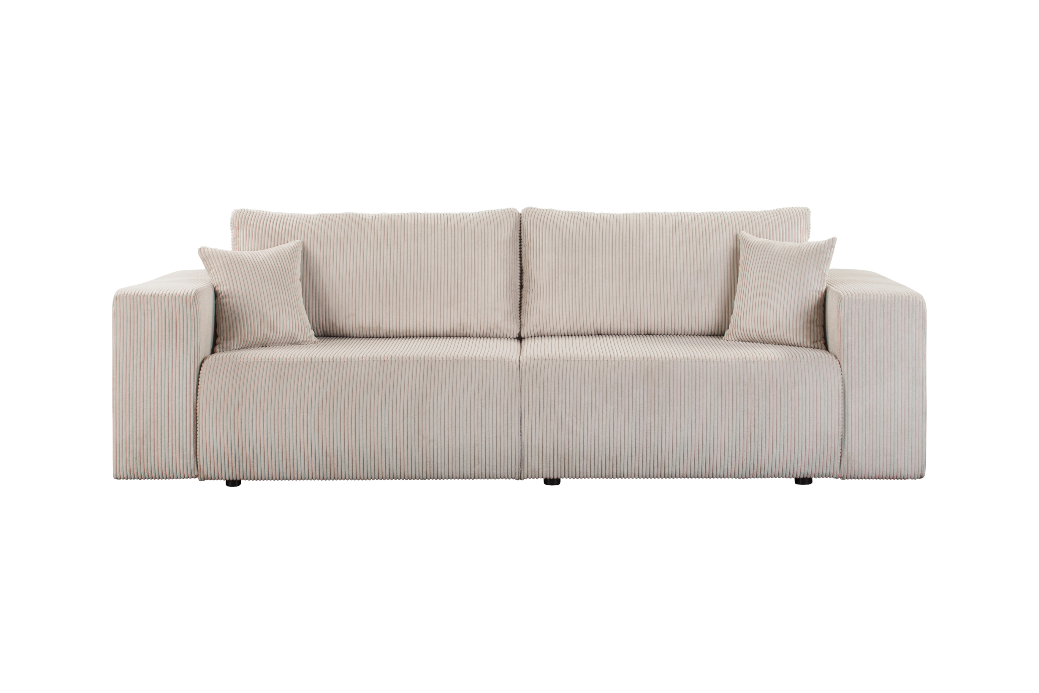 Canapé droit convertible Barres en tissu petit velours côtelé beige Paname Avenue, vue de face sur fond blanc