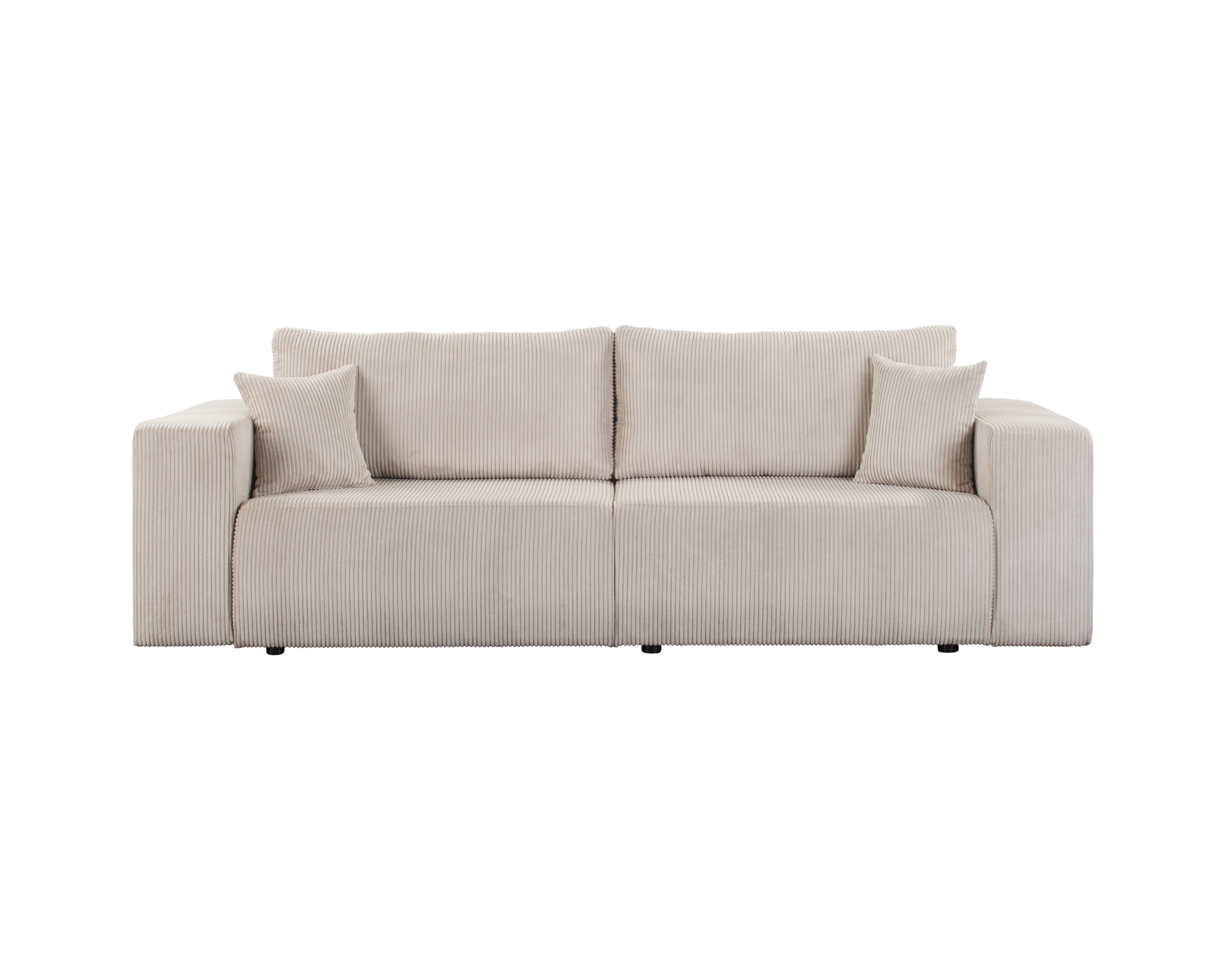 Canapé droit convertible Barres en tissu petit velours côtelé beige Paname Avenue, vue de face sur fond blanc