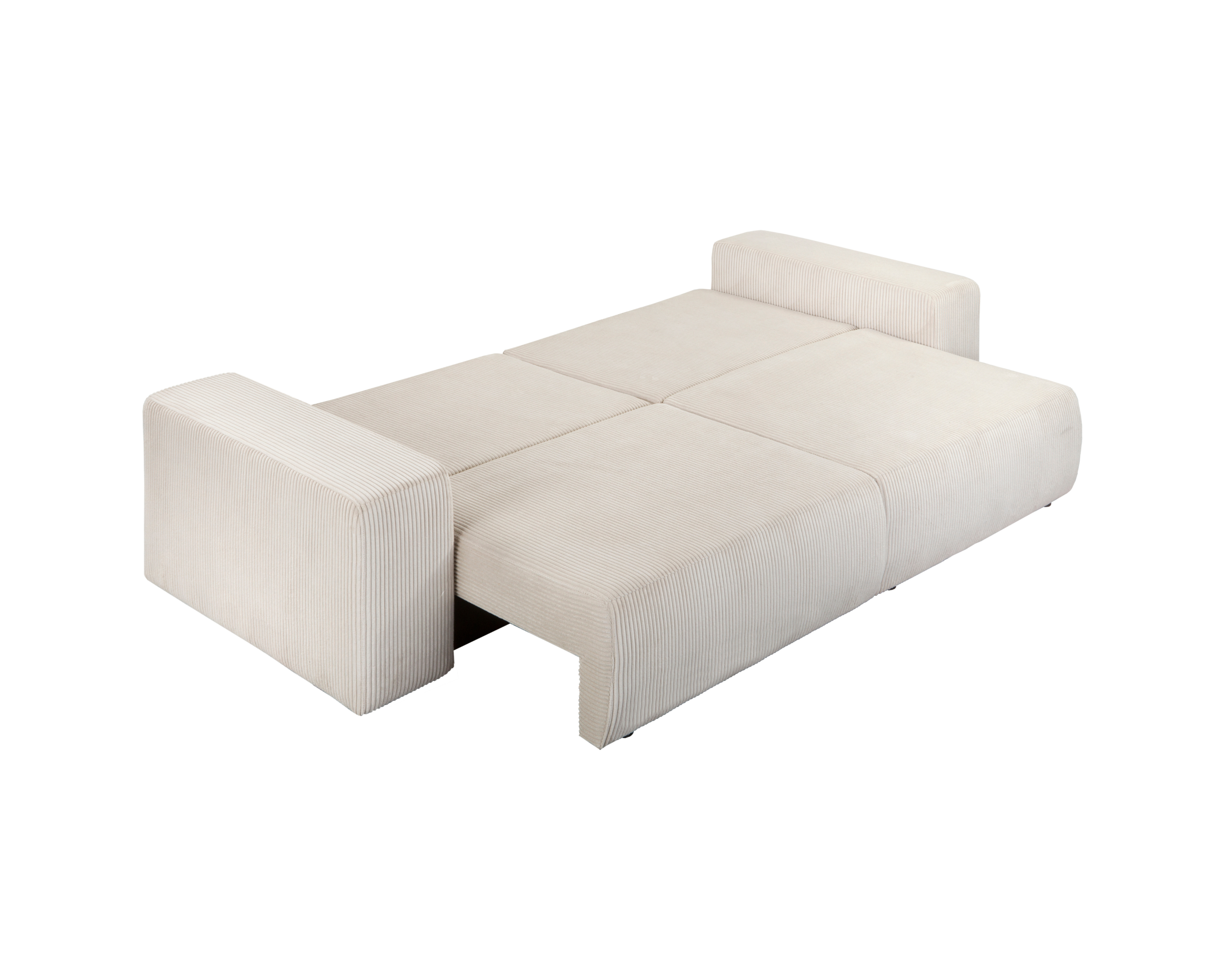 Canapé droit convertible Barres en tissu petit velours côtelé beige Paname Avenue, déployé en mode lit vue en angle