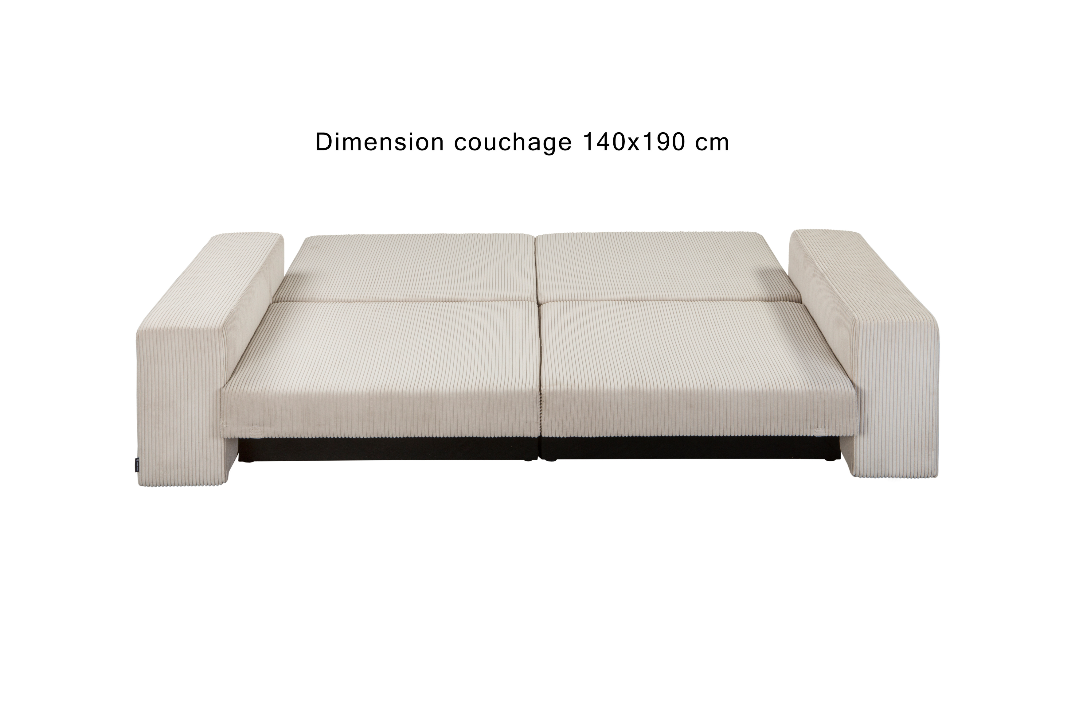 Canapé droit convertible Barres en tissu petit velours côtelé beige Paname Avenue, déployé en mode lit avec dimension de couchage 140x190 cm